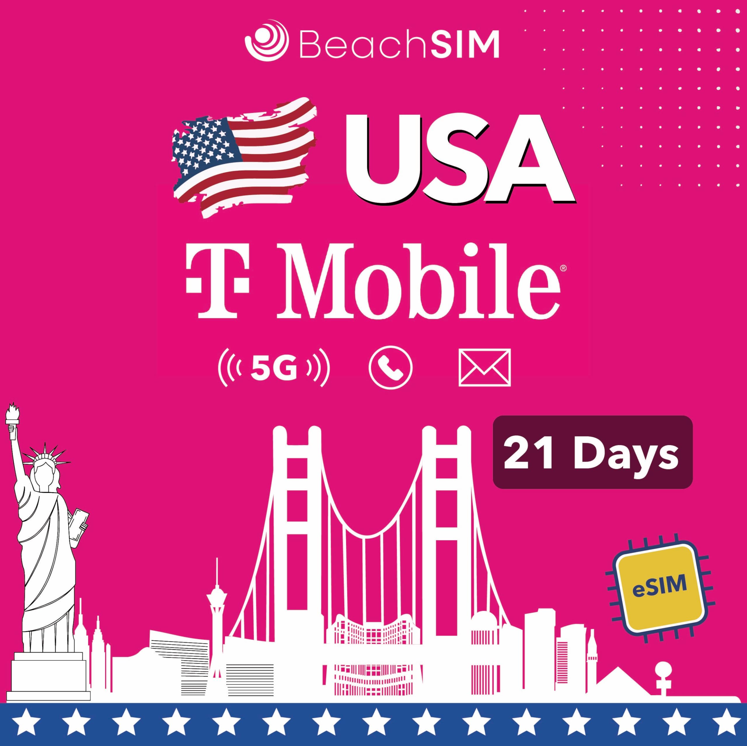 USA eSIM 21 Giorni. Dati Illimitati, Chiamate e SMS Locali su Rete T-Mobile. Attivazione Rapida, Ricarica Facile. Per Dispositivi Compatibili con e-SIM