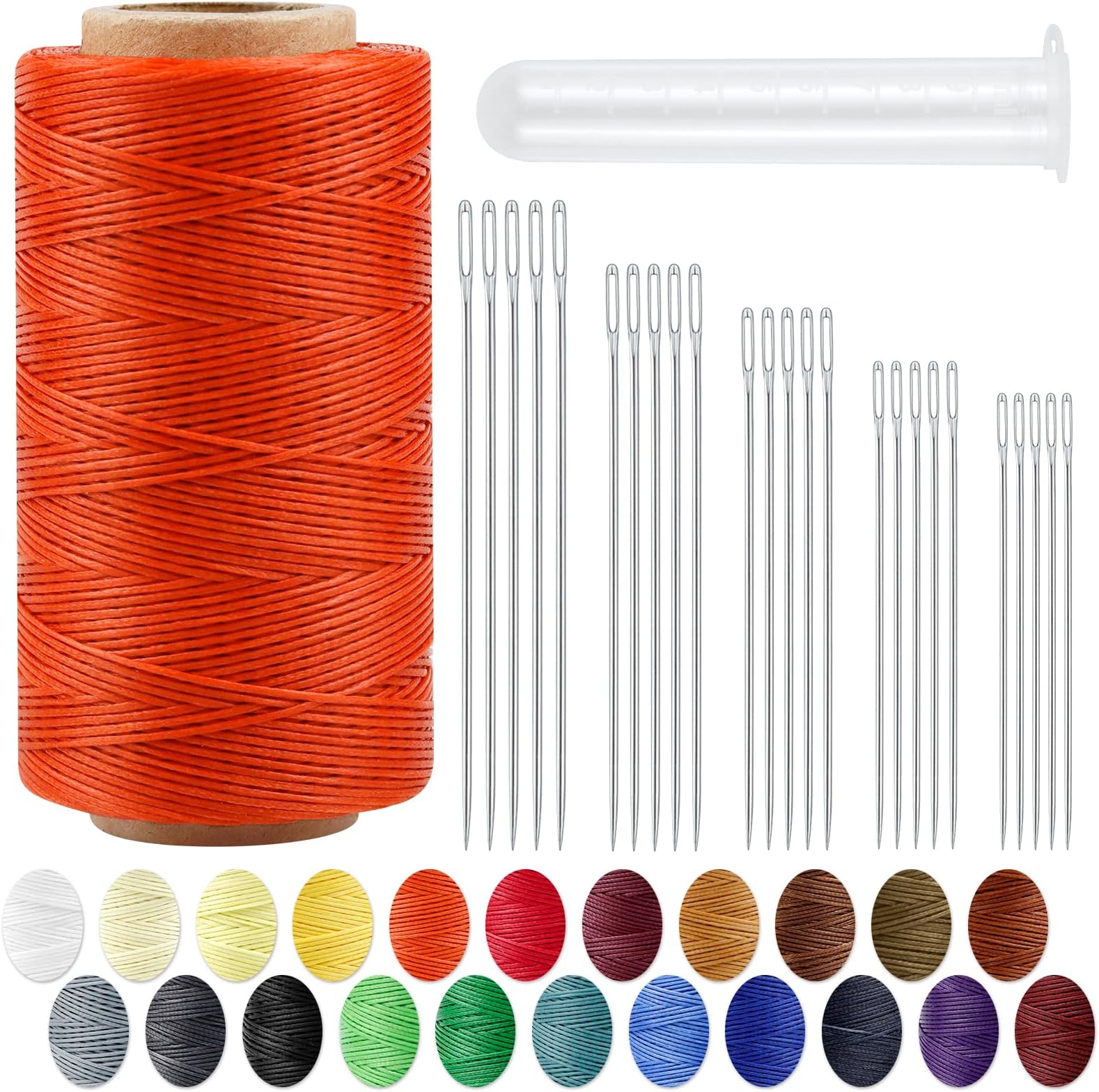 Leather Upholstery Sewing Waxed Thread: PLANTIONAL 218 Yards 210D Wax String Set with 25 Large Eye Hand Sewing Needles, Heavy Duty Sewing Kit for Car Sofa Leather Repair Craft