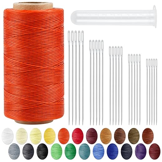 Leather Upholstery Sewing Waxed Thread: PLANTIONAL 218 Yard 150D Wax String with 25 Large Eye Hand Sewing Needles, Heavy Duty Sewing Kit for Car Sofa Canvas Carpet Leather Repair Craft DIY (Aqua Blue)
