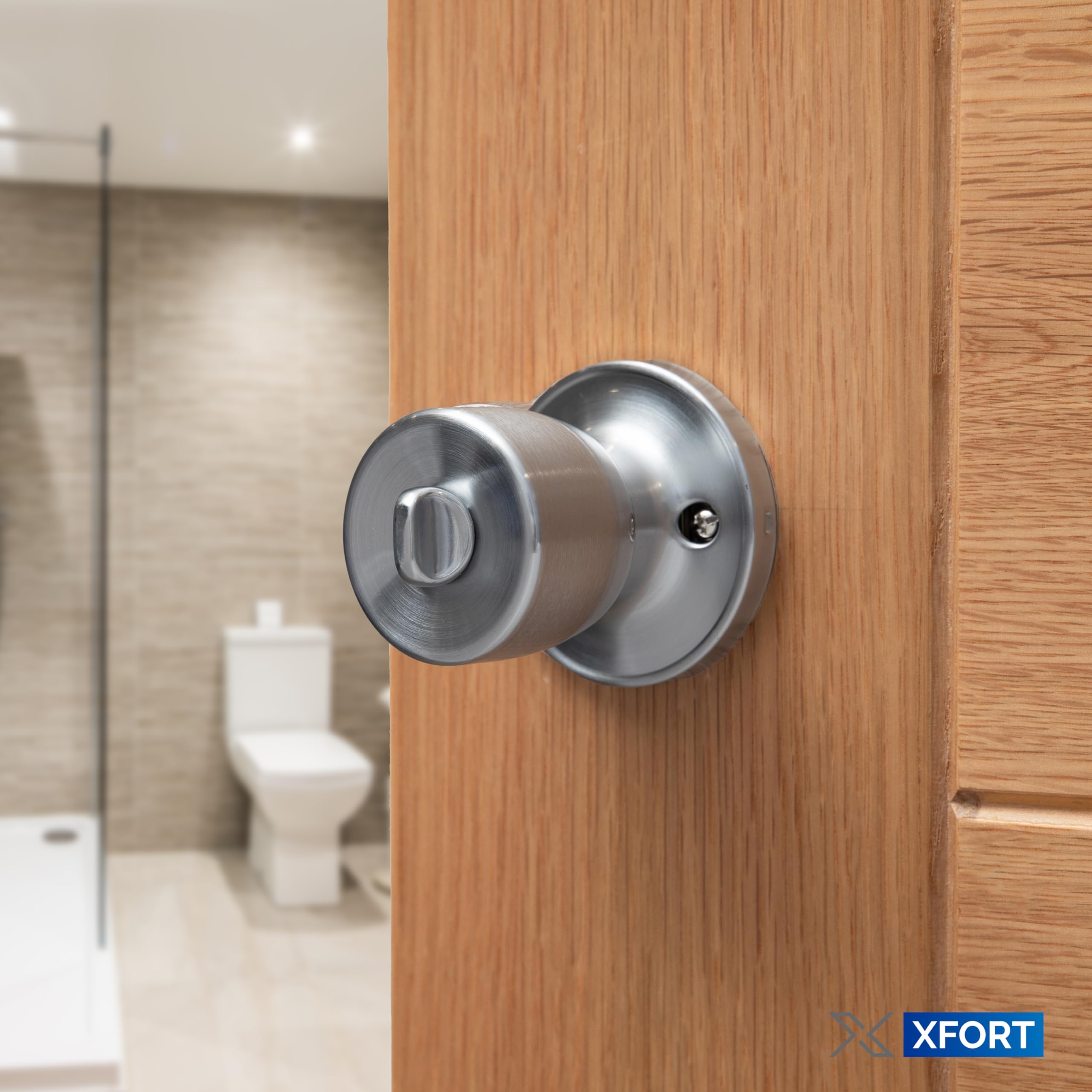 XFORT Tulip Privacy Knob – Poignée à Condamnation pour Portes Intérieures en Bois – Bouton Poignée de Porte pour Salle de bain, WC et Toilettes – Finition Chrome Satiné – Kit Complet