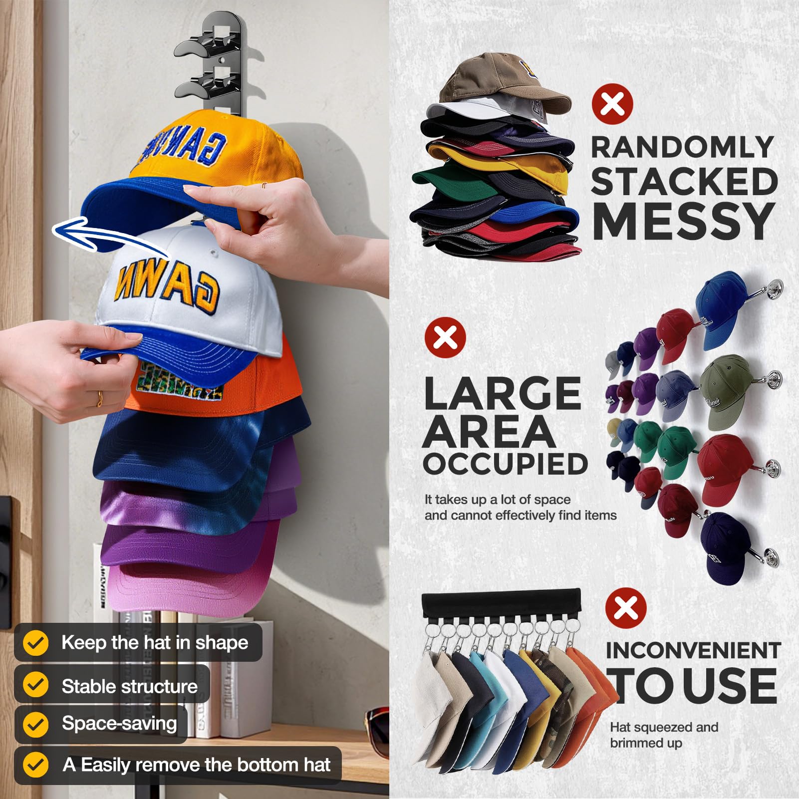 Jcocylse Kappenhalter - Wandhalterung für Caps & Hüte | Stabile Cap Halterung Wand | Praktische Hutablage mit Haken | Cap Organizer für Mützen, Basecaps Typ B (Schwarz)
