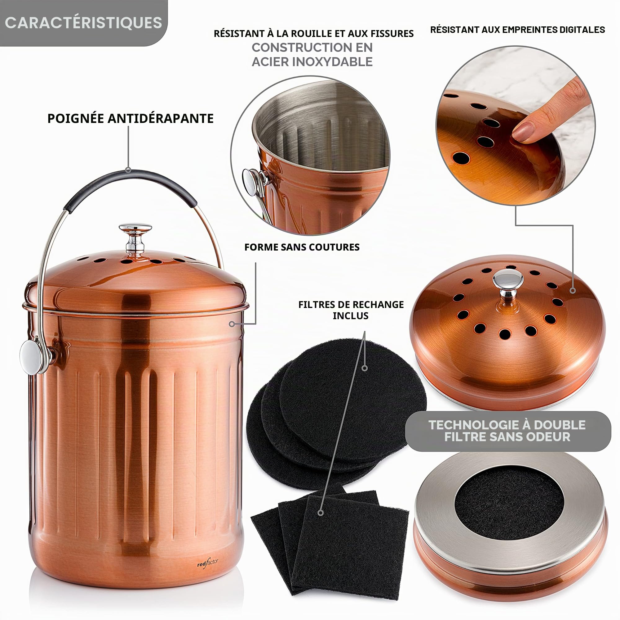 RED FACTOR Seau Compost Inodore Acier Inoxydable Cuisine 5 Litres Cuivre Mat avec Filtres Charbon