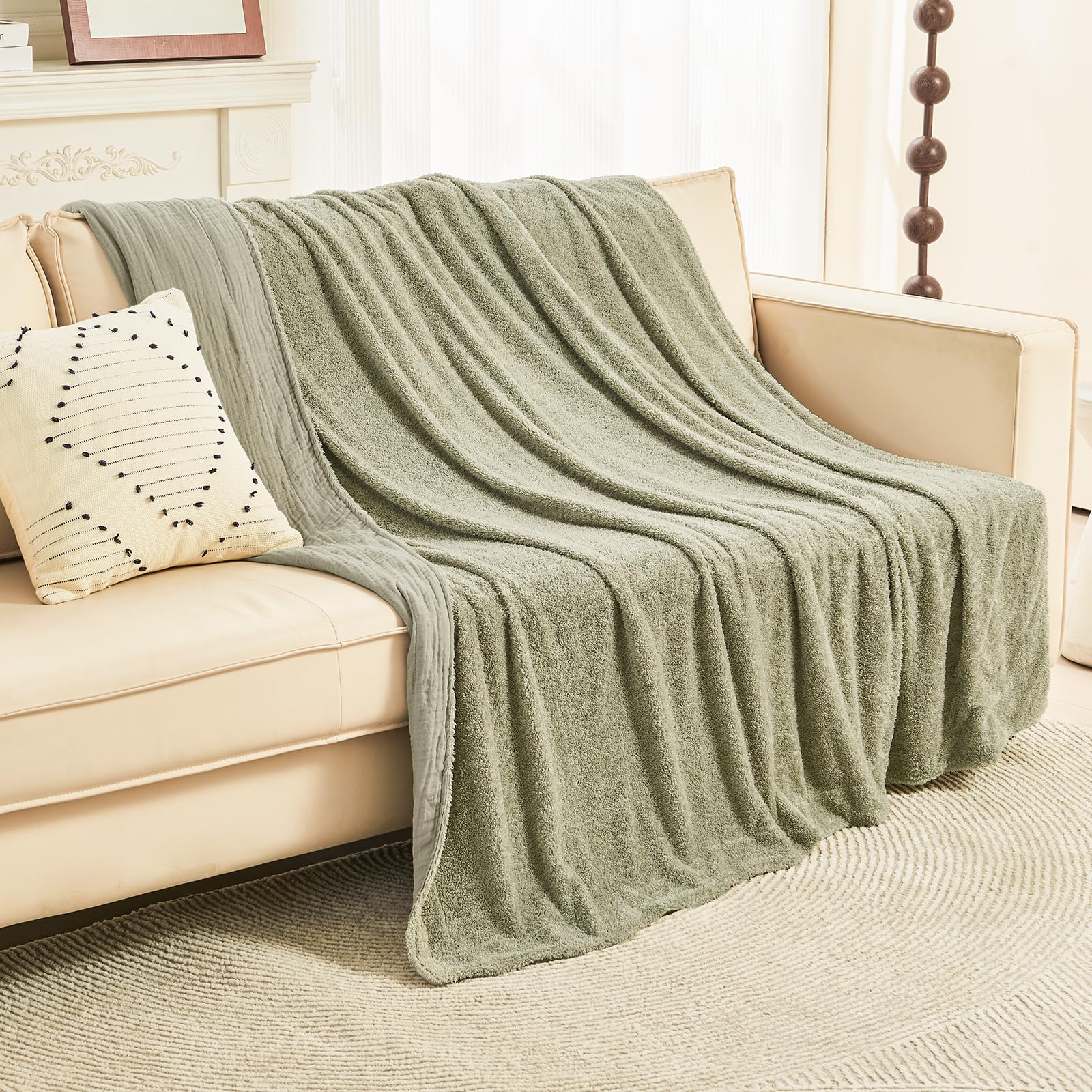 EMME Muslin and Fleece Throw Blanket Reversible - 50"*60" Sage Green Soft Warm Throw Blankets for Couch Bed Picnic Travel Bed