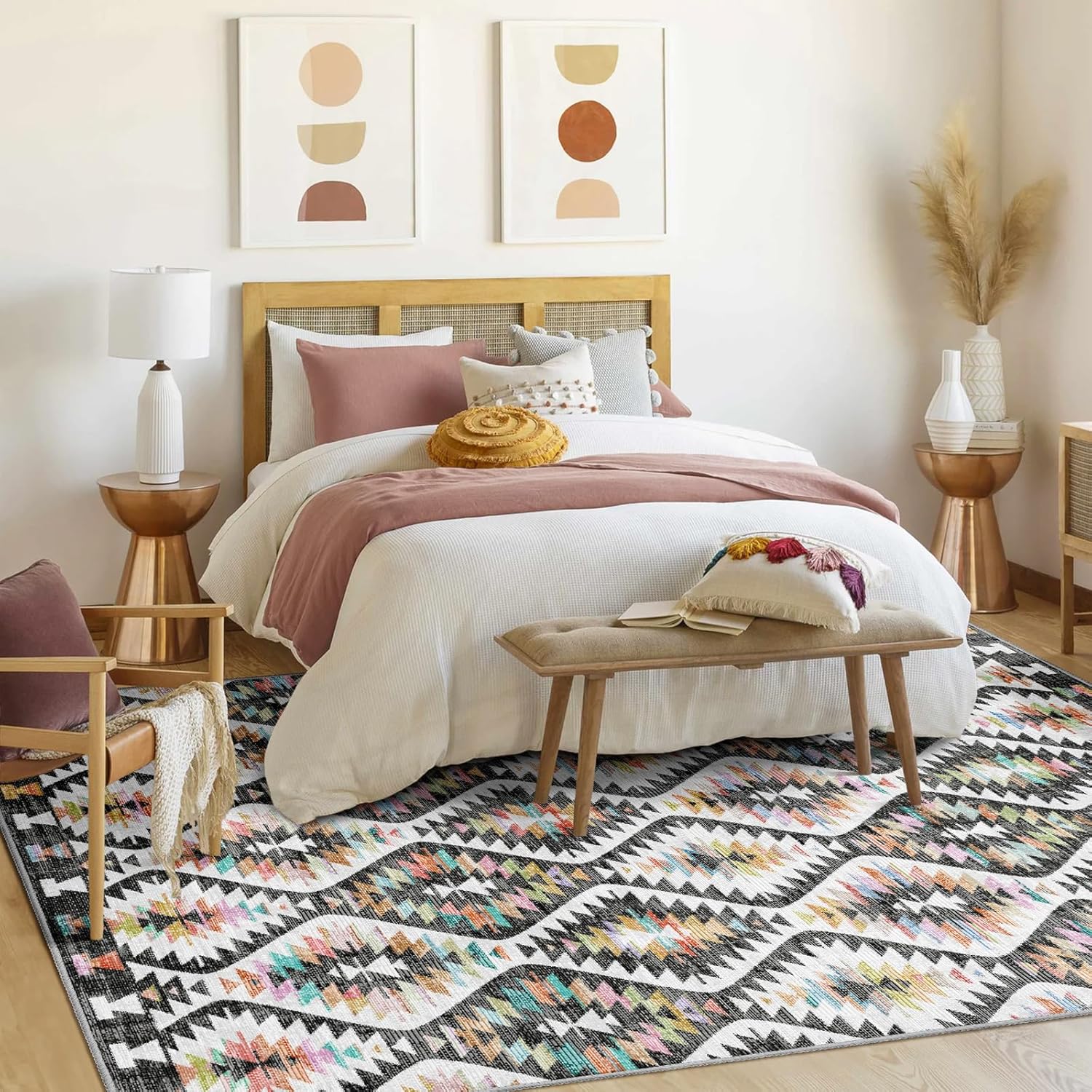 8x10 Rug for Living Room, Washable Black Rugs Boho Moroccan Trellis Area Rug with Vibrant Hues for Bedroom, Farmhouse, Dining Room, Kids Playroom Low-Profile Throw Non-Slip Backing Large Carpet