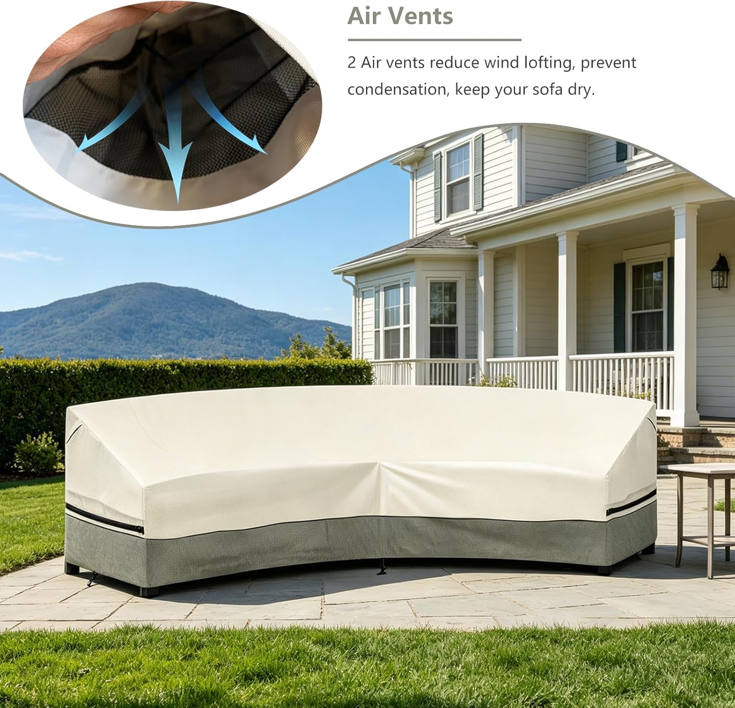 Okcool Outdoor Sectional Cover,Curved Patio Furniture Covers for 3-4 Seater Outdoor Furniture Couch,120"(Back Arc Length) x 81"(Front Arc Length) ,White&Grayish Green