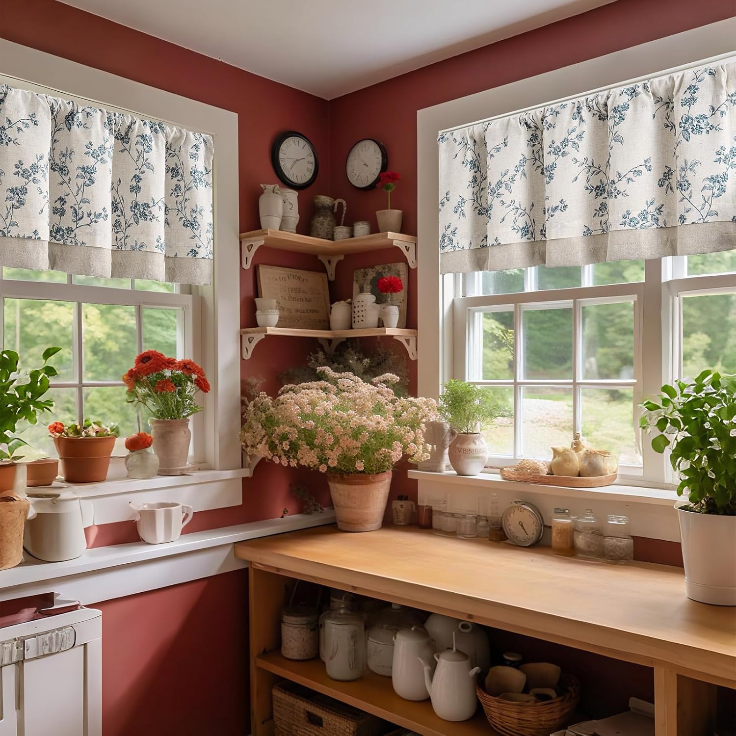 jinchan Linen Kitchen Valance for Windows 16 Inch Floral Double Layer Valance Living Room Laundry Room Darkening Rustic Cottagecore Farmhouse Flower Window Treatment 1 Panel Blue on Linen