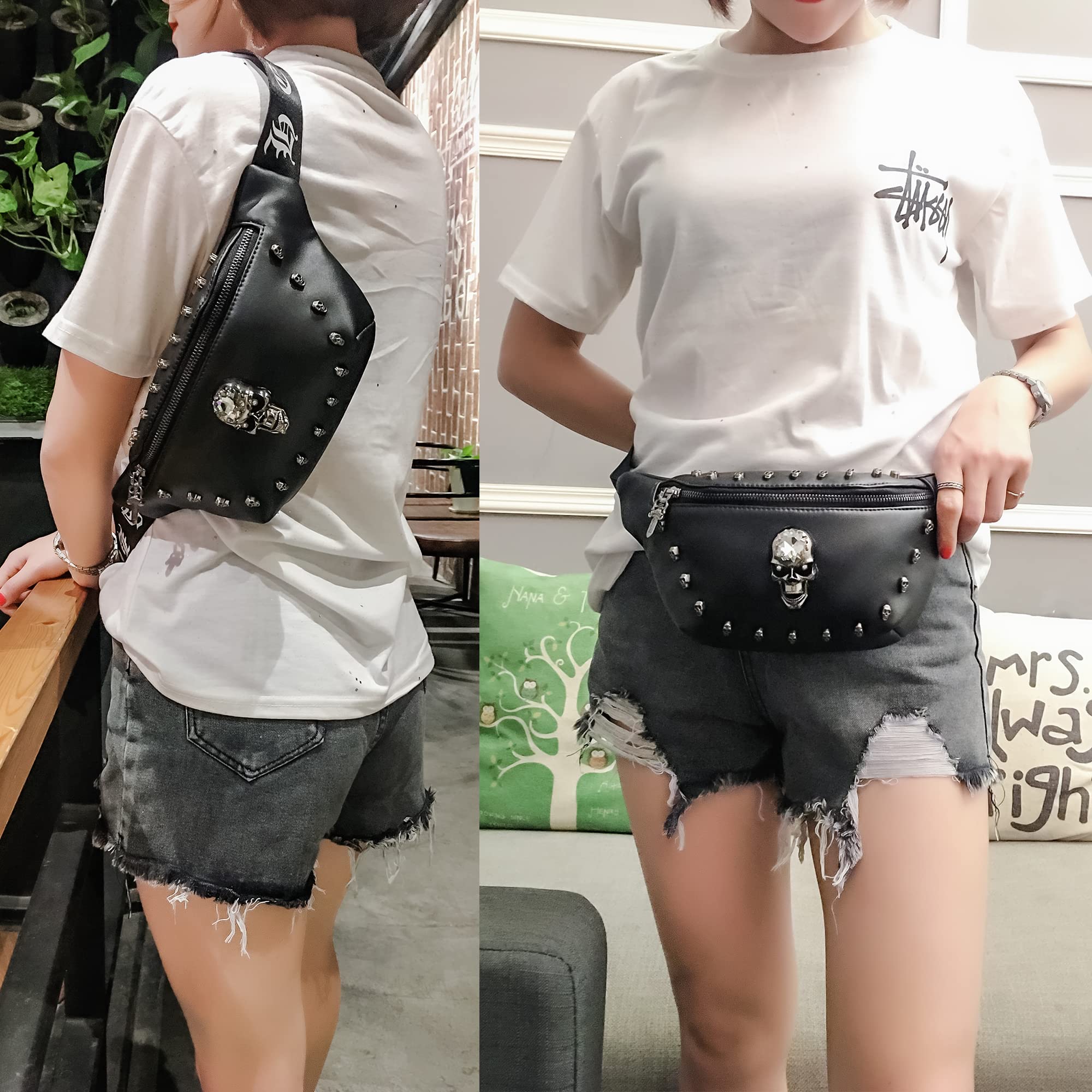 Riñoneras de cuero para mujer, riñonera de cuero a la moda, cangurera negra con diseño de calavera para mujer, bolsa cruzada para cinturón para vacaciones, festivales, viajes, correr, senderismo, 5