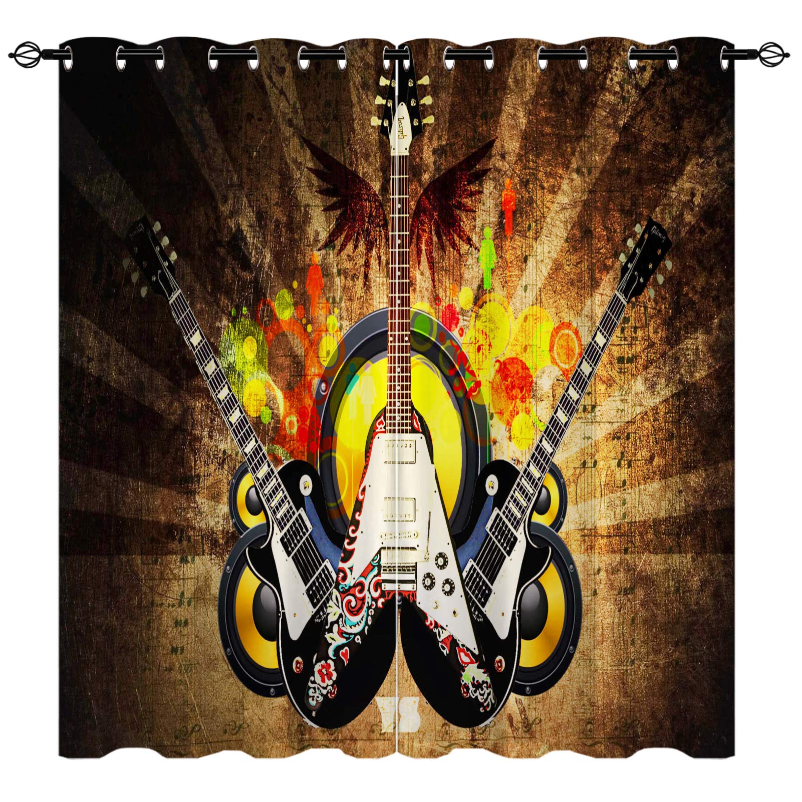 YUANZU Guitar Curtains - Kids Youth Teen Graffiti Rock Music Retro Print Pattern Eyelet Blackout Room Darkening Thermal Window Drapes for Bedroom Living Room 2 Panels Each Panel W168cm x D183cm