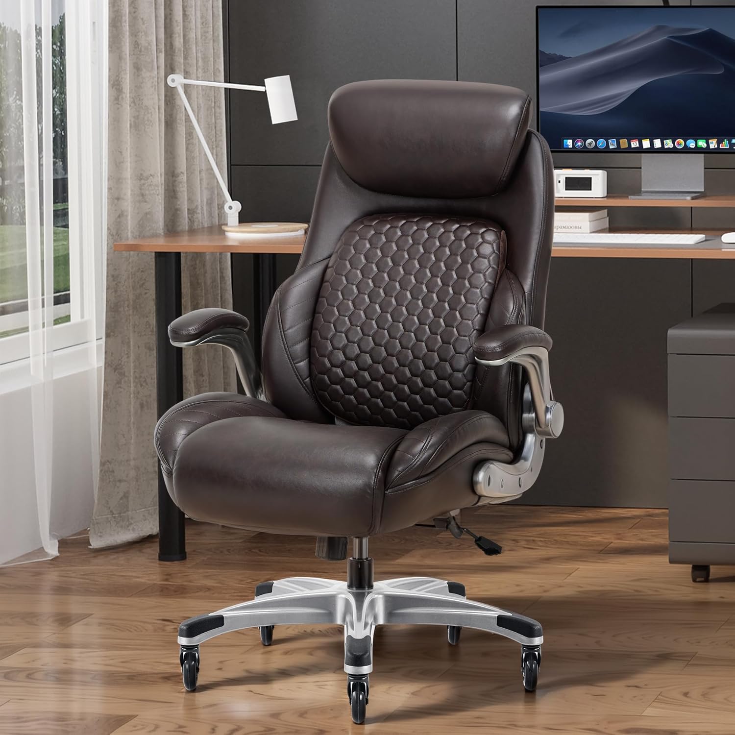COLAMY Office Ergonomic Desk High Back Executive Chair with Pop-Out Lumbar Support, Upgraded Casters, Adjustable Headrest, Flip-Up Arms, Leather Home with Thick Cushion for Comfort - Brown