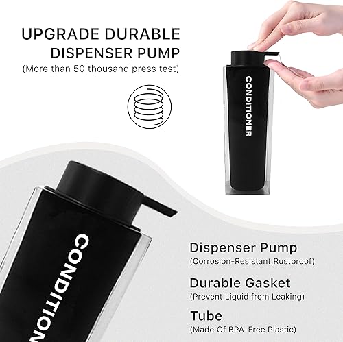 Miniatura 6 de H Halston Dispensador de champú y acondicionador, resina, transparente y negro, dispensador de gel corporal para ducha, baño, recargable y