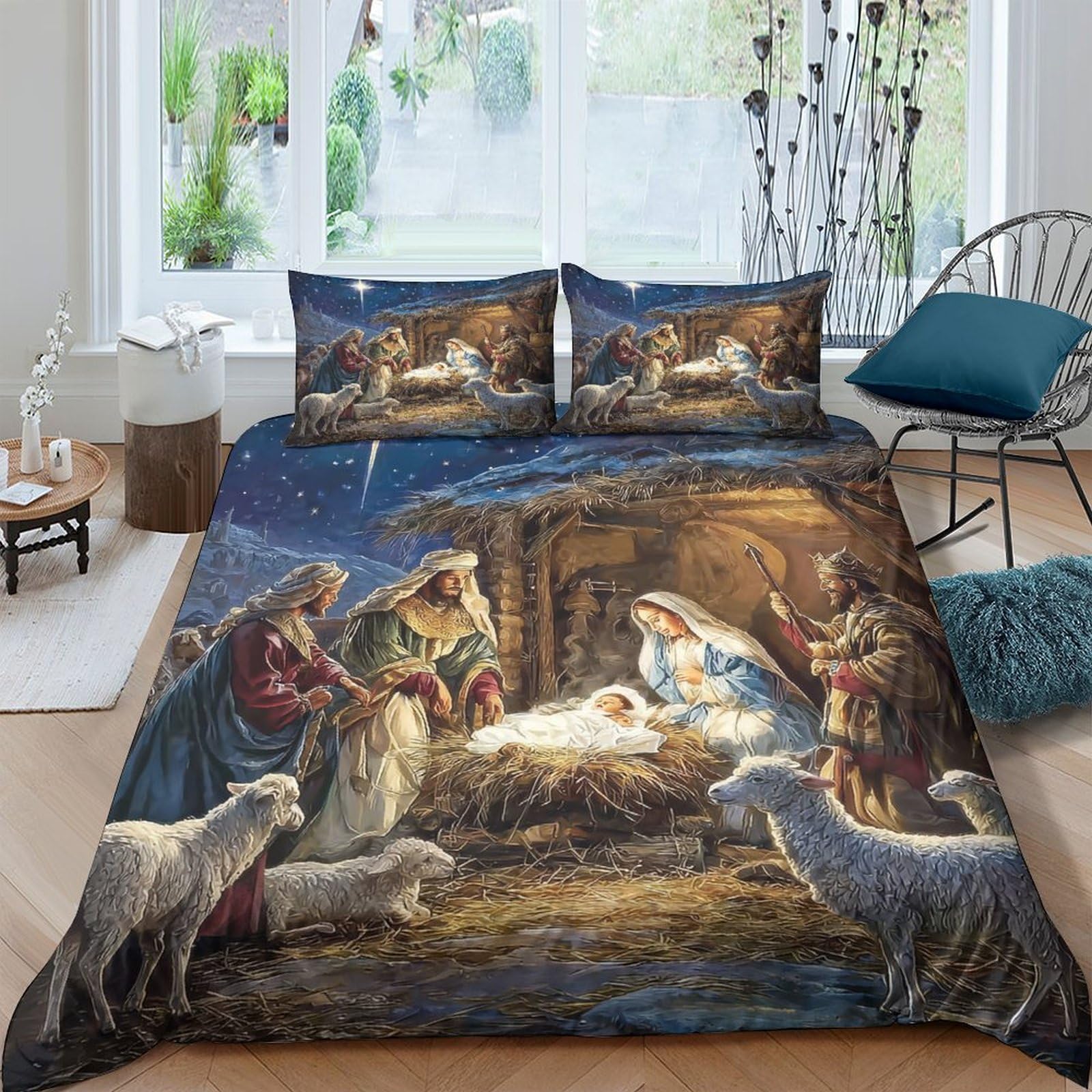 Ctjqhvkz Style-9 3D Printed Nativity Scene Fitted Sheet Microfiber Soft Christmas Bed Cover For Bedroom Guest Room Decor Protection Single（135X200cm）