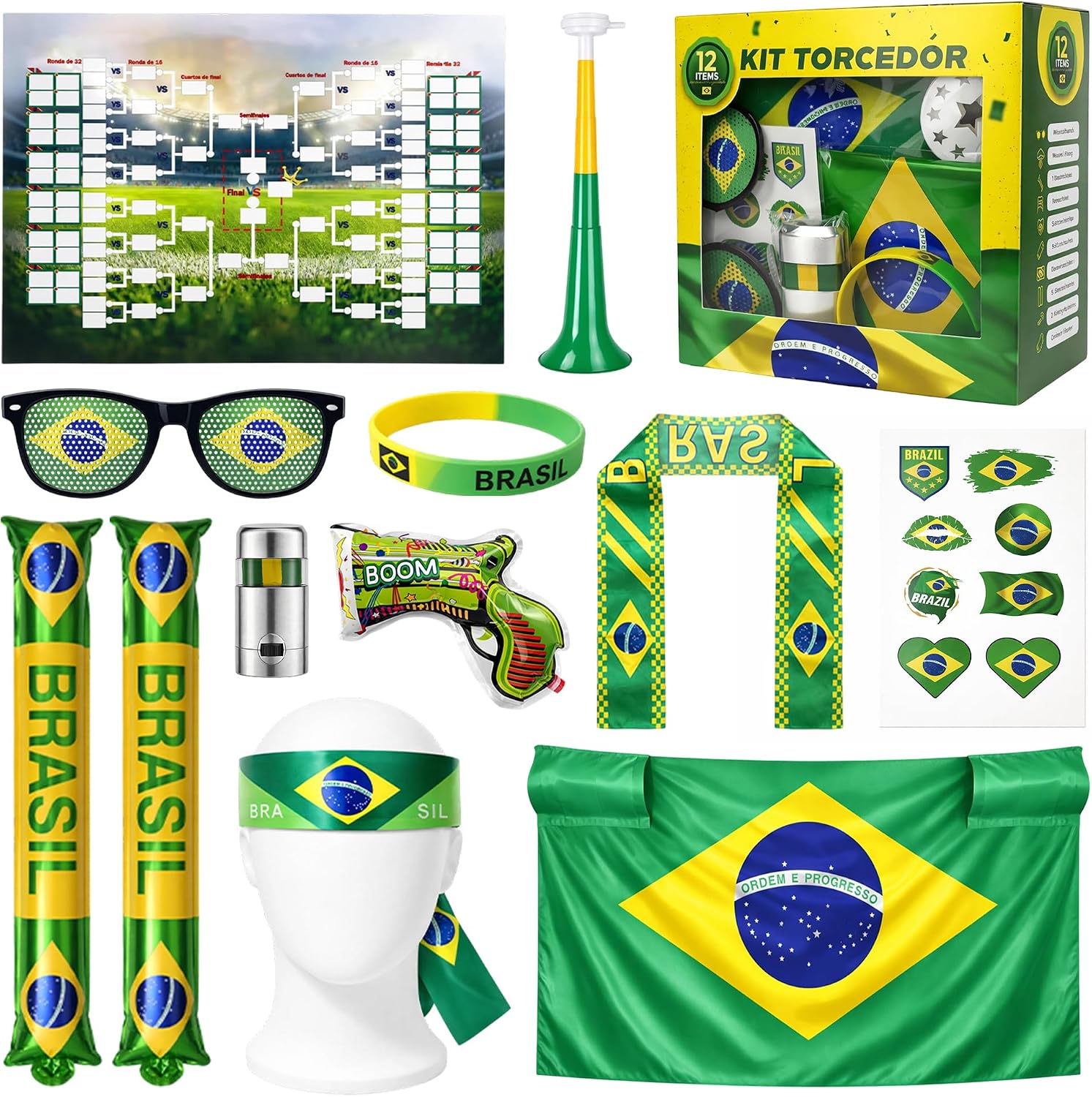 Kit Copa 2026 Brasil 12 Itens: Pulseira, Óculos, Bandeira, Pintura, Bastão, Trompete, Canhão de confete (manual) – Fácil Inflar, Cores Vibrantes – Perfeito para Torcer e Comemorar