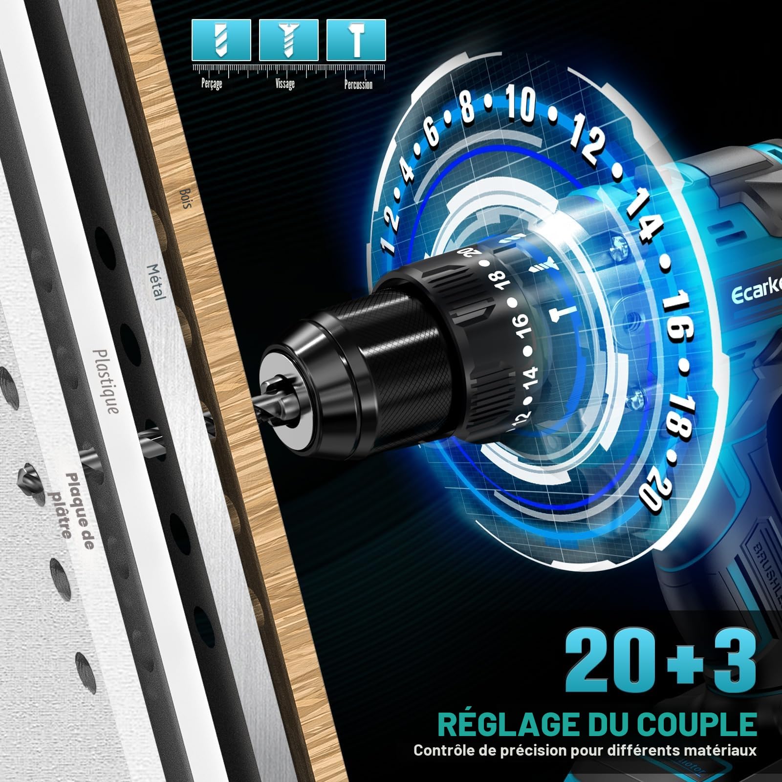Ecarke 90Nm Visseuse Devisseuse Compatible avec Makita 18V Batterie | 2150 tr/min, Sans Fil, 2 Niveaux de Réglage, Lumières LED, Perceuse Visseuse pour Percer et Visser(Sans Batterie）
