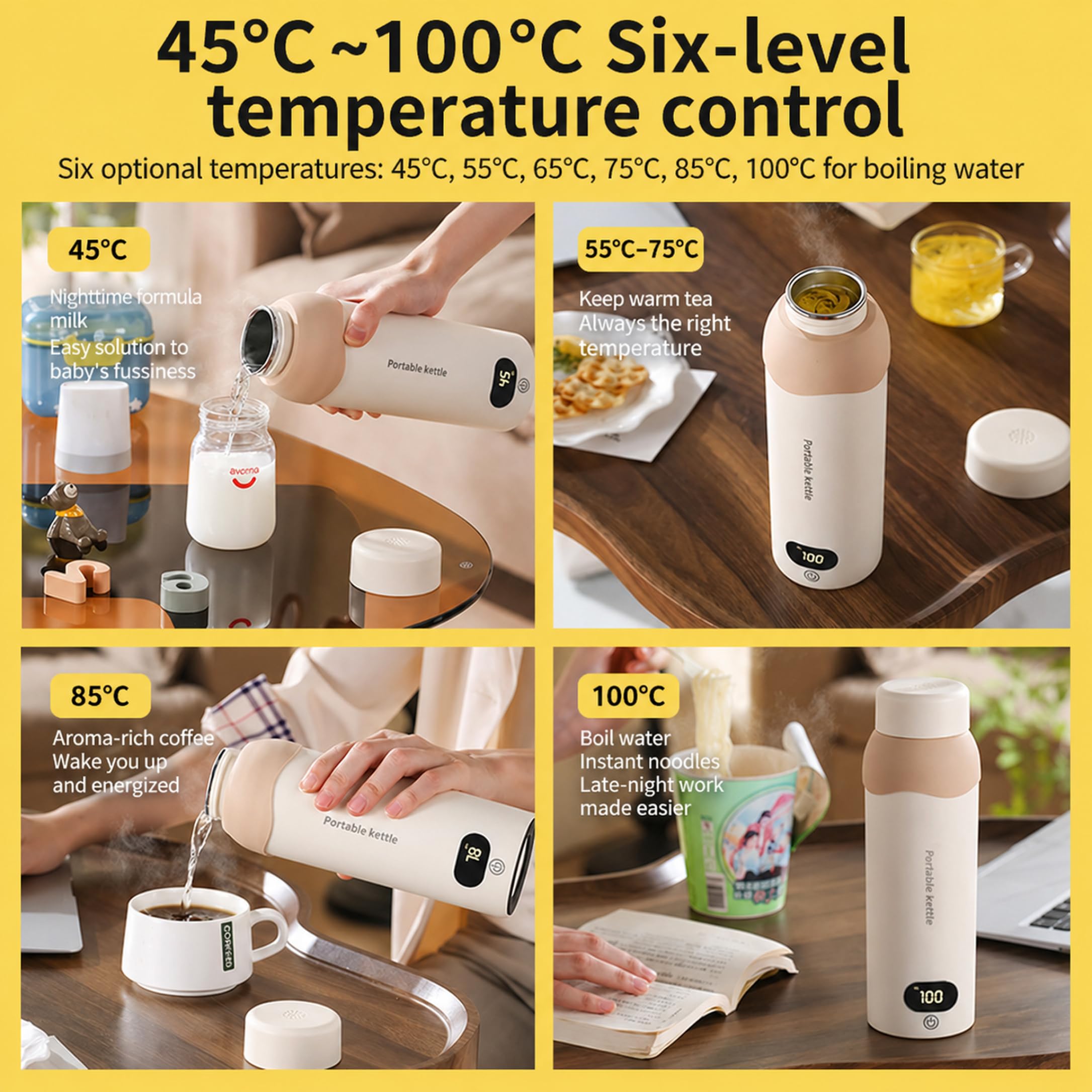 bollitore elettrico da viaggio, bollitore elettrico portatile, 500 ml da viaggio con 6 impostazioni di temperatura, doppia alimentazione USB-C/220 V, 12 ore di mantenimento in caldo, acciaio inossida