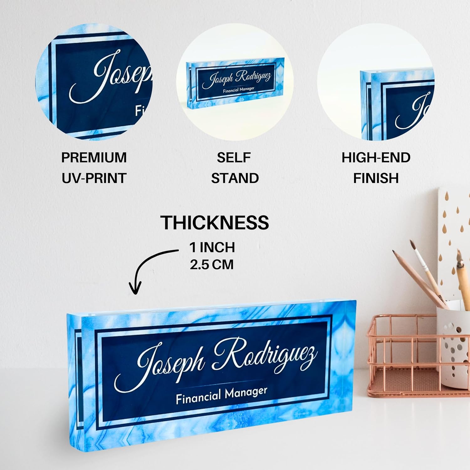 Customized Clear Acrylic Thick 8x3" Desk Name Plate Block with Personalized Logo - Professional Office Decor - Customized Acrylic Plate Gift for Teacher Co-workers (Blue Wave)