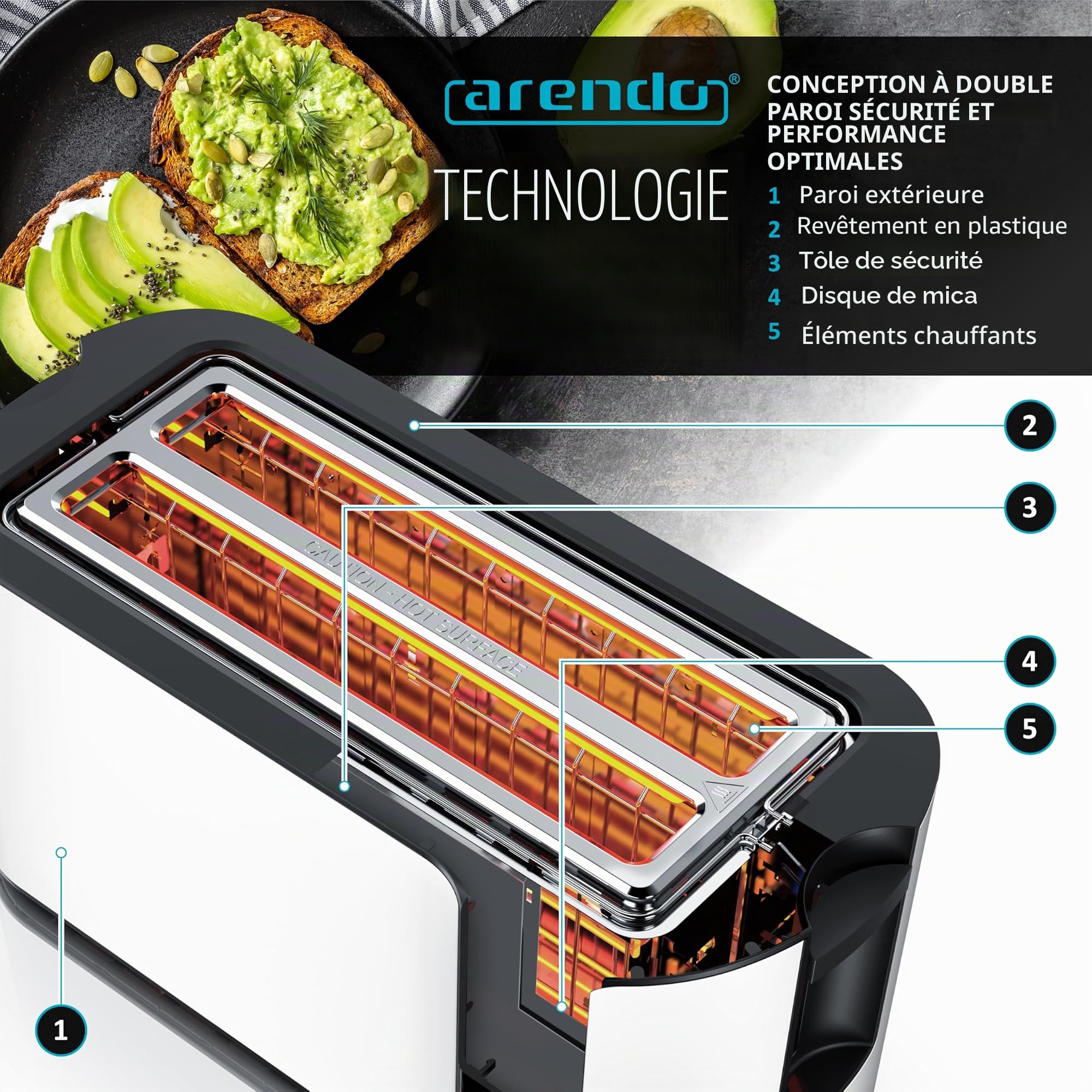 Arendo - Grille-pain à fente longue en acier inoxydable 4 tranches - écran tactile - corps double paroi - grille pain intégrée - 7 degrés de brunissage - centrage du pain - temps restant