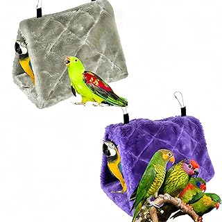 2 Pack Warm Bird Nest House Plush Hanging Snuggle Cave Bed Hanging Hammock Sleeping Bed Happy Hut for Parrot Parakeet Cockatiel Conure Cockatoo African Grey Macaw (Grey&Purple)
