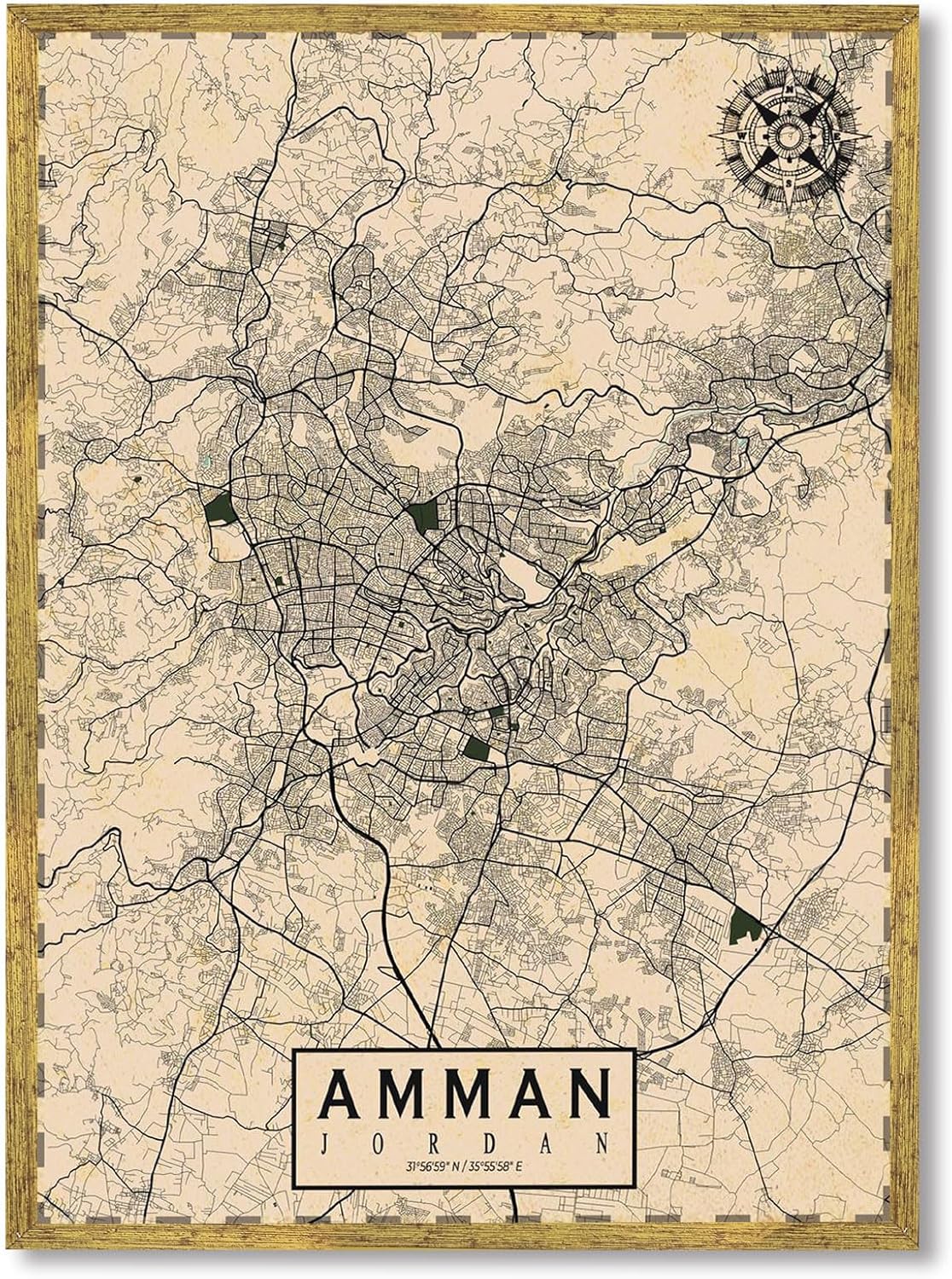 Framed Amman Jordan Map Poster Canvas Print Art Vintage Style Wall Art Painting Pictures Wall Decor Elegant Home Decor for Living Room Office Apartment Dorm Room (Wood Framed,12L x 16W)
