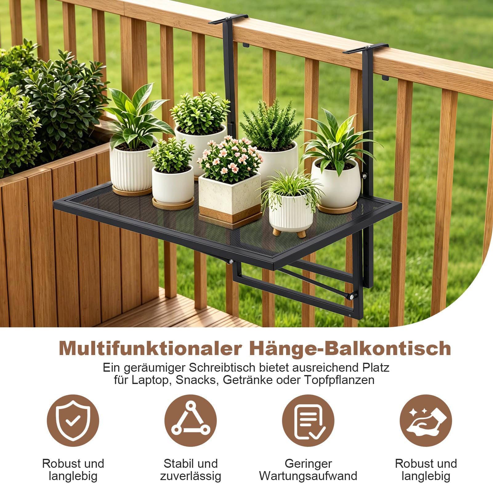 Table de balcon pliable à suspendre, réglable en hauteur, pour balustrade, 60 x 40 cm, en acier, petite table de balcon, résistante aux intempéries, table de balcon à suspendre