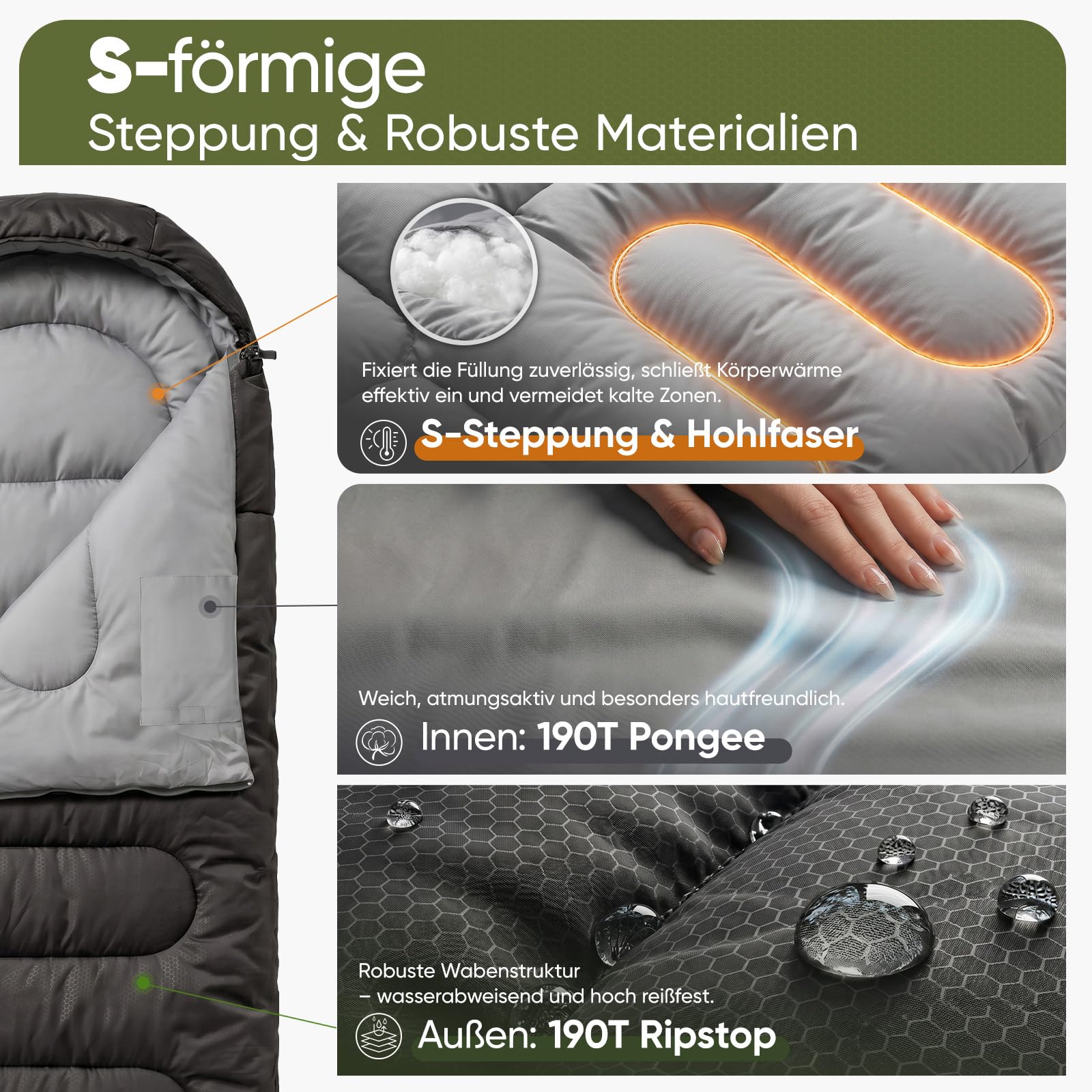 Sekey Schlafsack 220 x 80 cm - 1,45 kg 3-Jahreszeiten-Deckenschlafsack, 2-in-1 als Decke nutzbar, 10 °C bis 20 °C - Separate Fußbelüftung, Anti-Klemm-Reißverschluss - für Camping & Outdoor