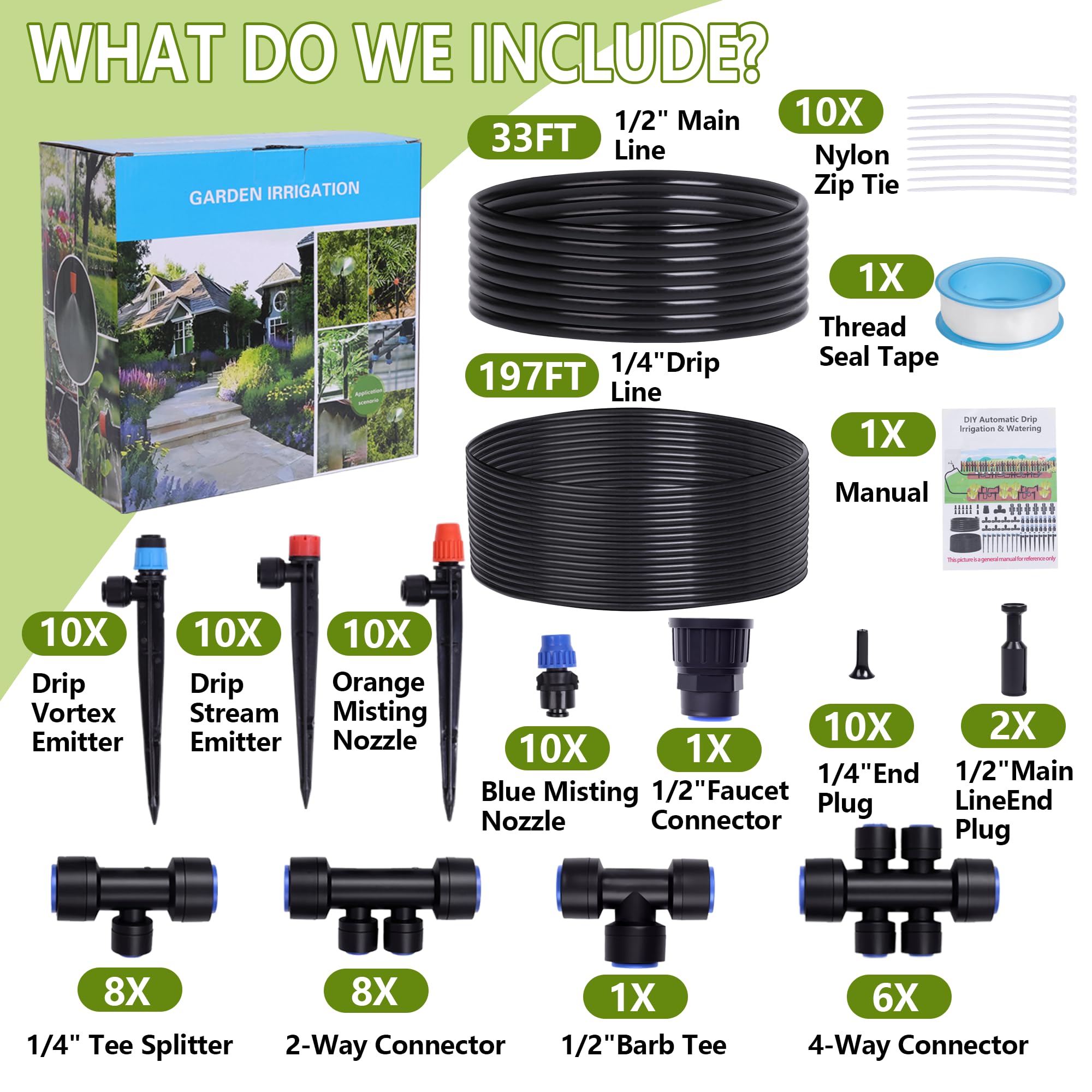 Système d'irrigation de jardin de 70 m avec 40 buses et émetteurs, système d'arrosage automatique avec 1/2" (9 mm ID, 12 mm OD) et 1/4" et raccords barbelés, pour plates-bandes surélevées