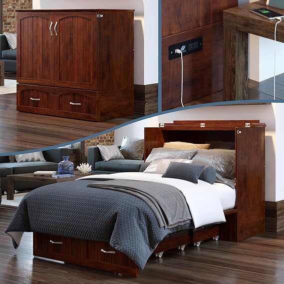 AFI, Southampton Murphy Bed Chest Twin XL with 6 Mattress, Storage Drawer & Built-in USB Charger, Walnut