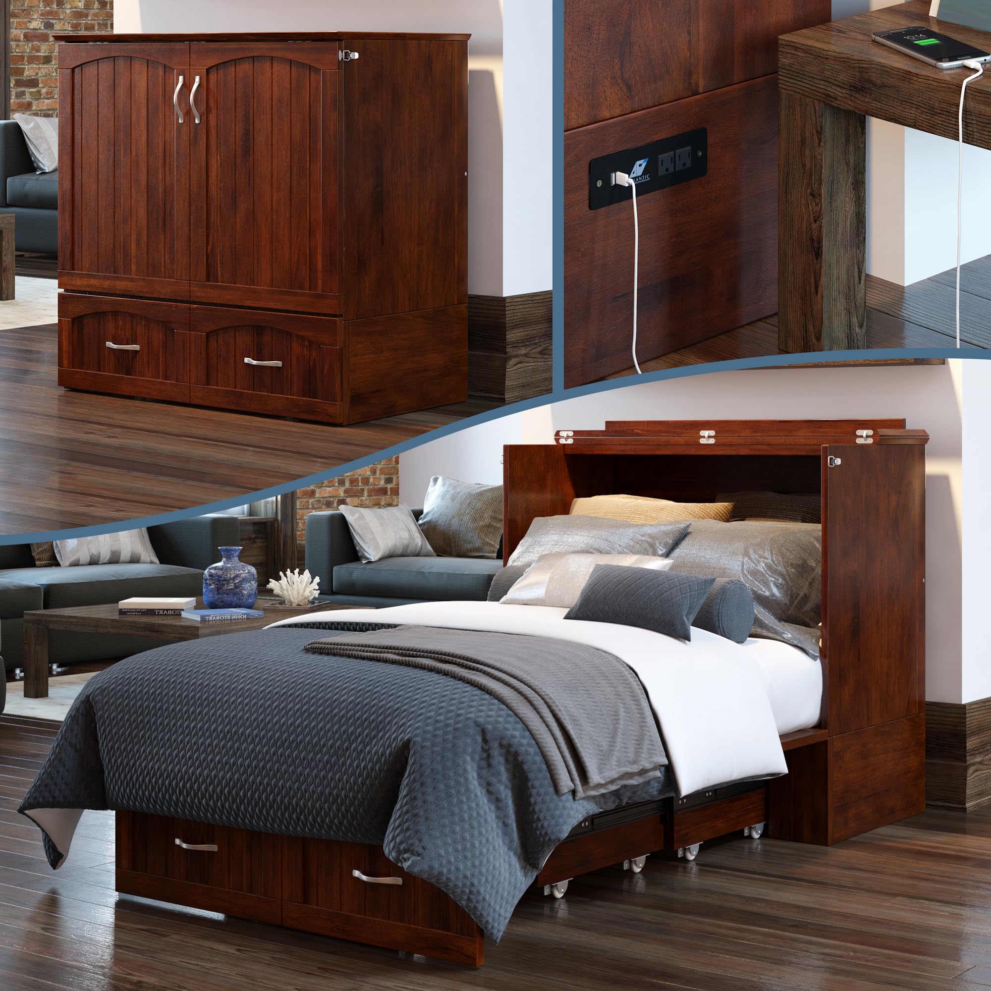 AFI, Southampton Murphy Bed Chest Twin XL with 6" Mattress, Storage Drawer & Built-in USB Charger, Walnut