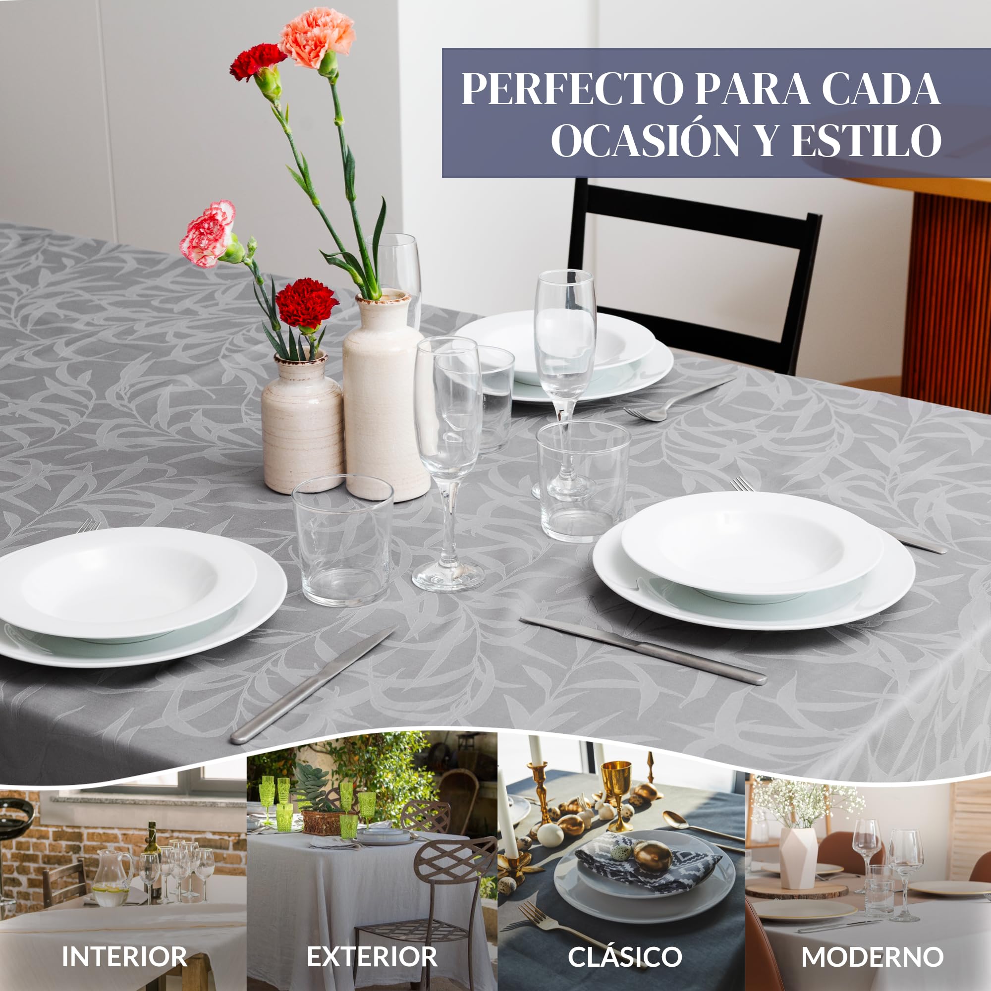 Ferò Premium Mantel Mesa Rectangular 150x240cm, 100% Algodón Puro, Mantel Impermeable, Elegante Diseño Jacquard, Mantel Antimanchas, Manteles de Mesa Antimanchas, Idrorepelente, Lavable, Gris