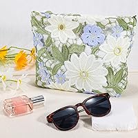 Vista 7 de Bolsa de maquillaje de flores para mujer, bonita bolsa de maquillaje para bolso, bolsa de cosméticos con cremallera, bolsa de cosméticos de lona