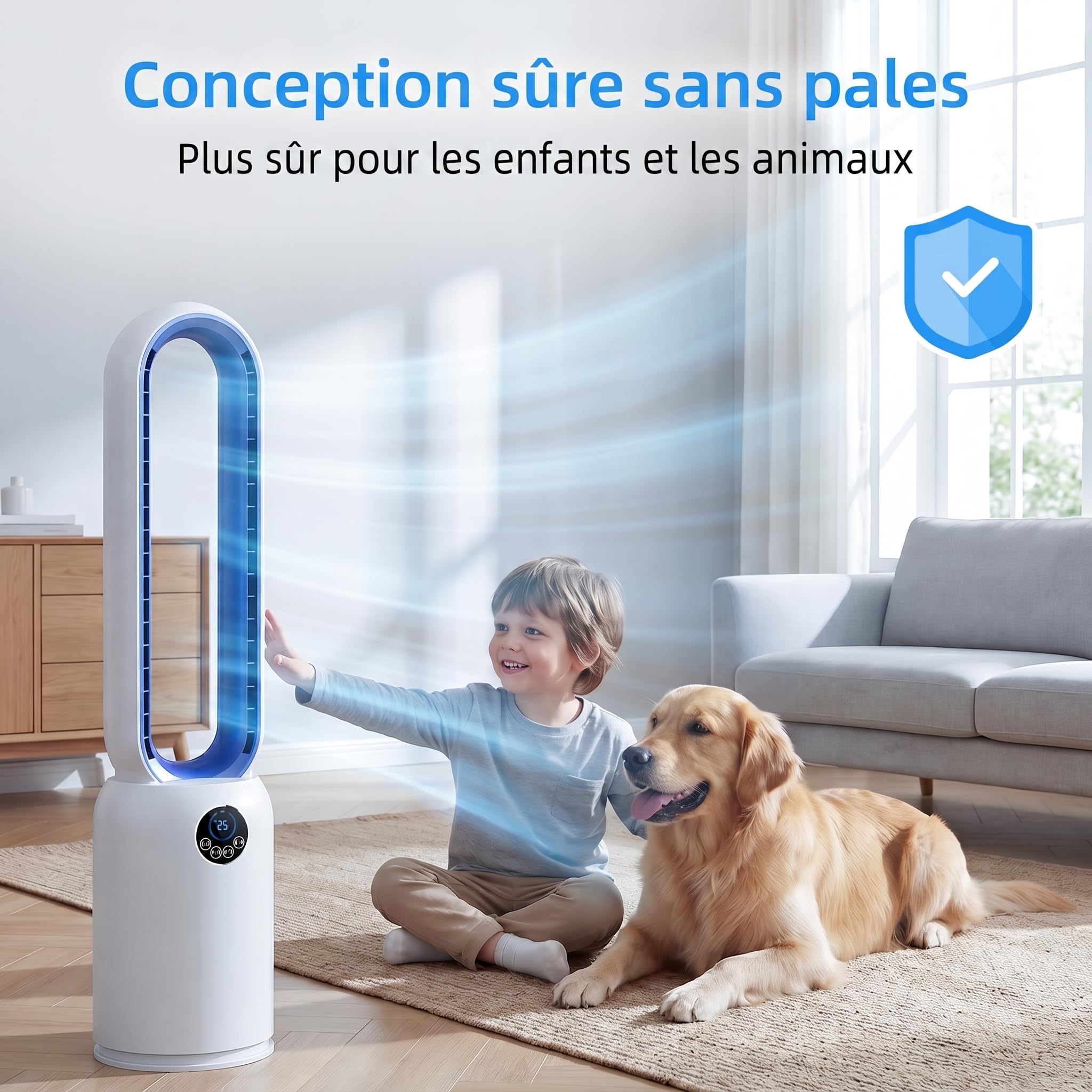 Ventilateur Sans Pale Silencieux, 24 Vitesses Ventilateur Colonne avec Purification par Ions Négatifs, Ventilateur sur Pied Oscillation à 90°, Écran LCD, Minuterie 12H, Pour Chambre à Coucher