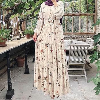 Women's Middle Dubai Flower High Neck Belt Long Dress Fashion Muslim Dress  L, beige, M : Amazon.co.uk: Home & Kitchen