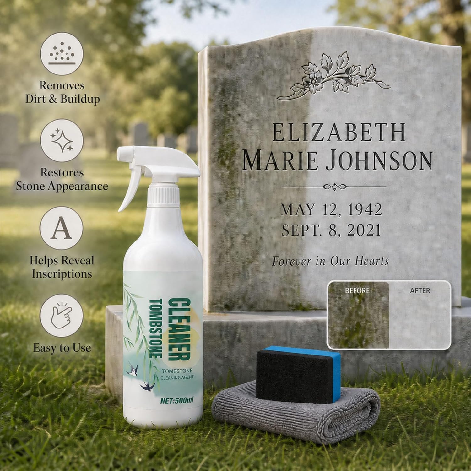 Headstone Restoration and Cleaning Spray, 16.67 Fl Oz Headstone Cleaner For Graves, D2 Biological Solution Headstones Cleaner, Gravestone Cleaning Kit for Cemetery Tombstone (1pcs)