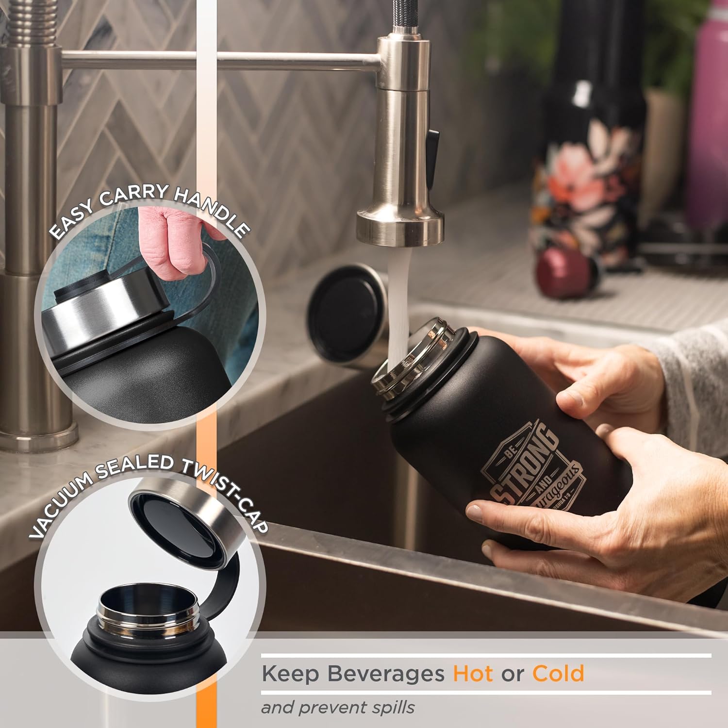 Christian Art Gifts Large Engraved Stainless Steel Double Wall Vacuum Insulated Water Bottle for Men & Women: Strong & Courageous Inspirational Bible Verse, Twist Cap & Strap, Black & Silver, 32 oz.