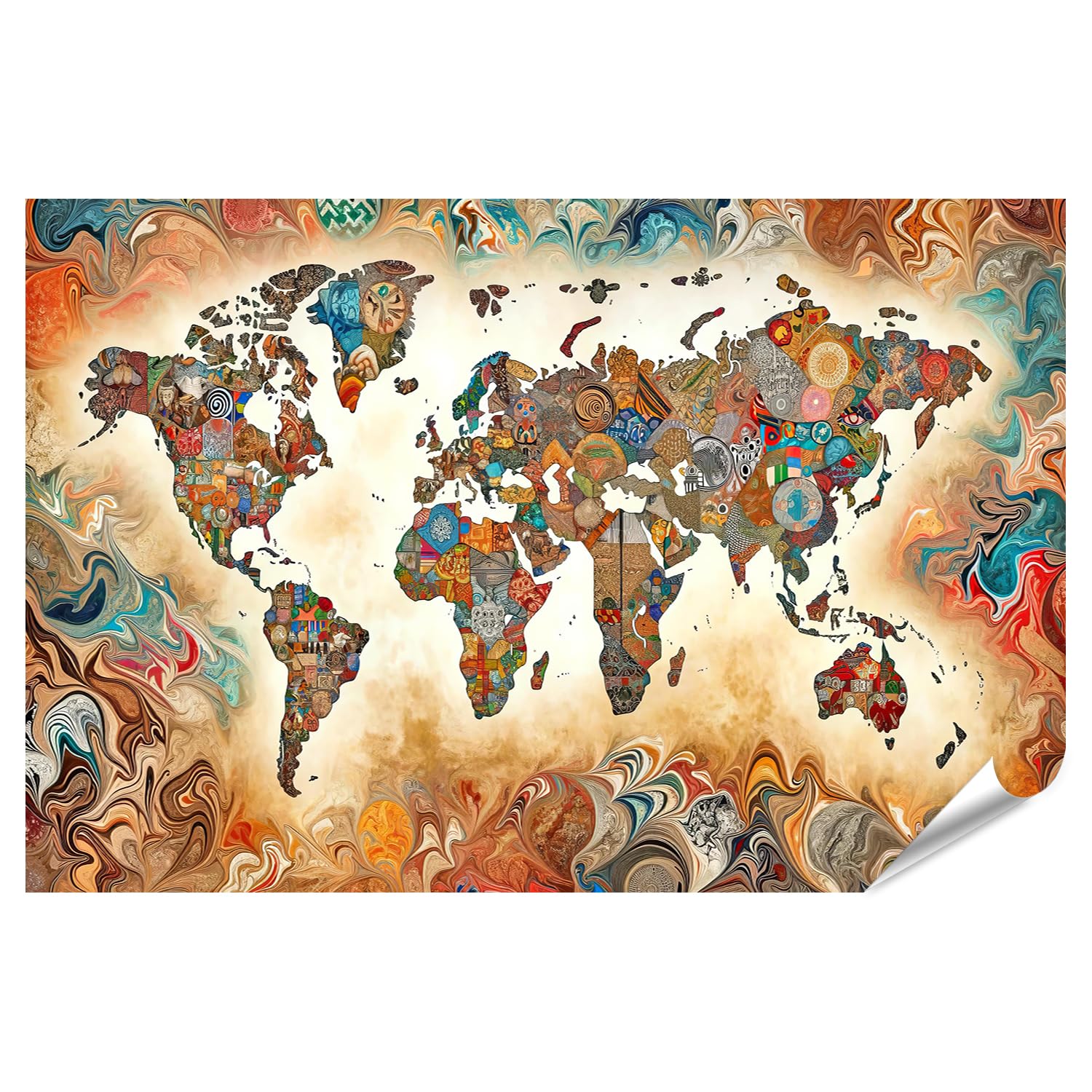 islandburner Poster XXL con mappa del mondo colorato, opera d'arte a mosaico, geografia colorata di alta qualità, stampa fotografica