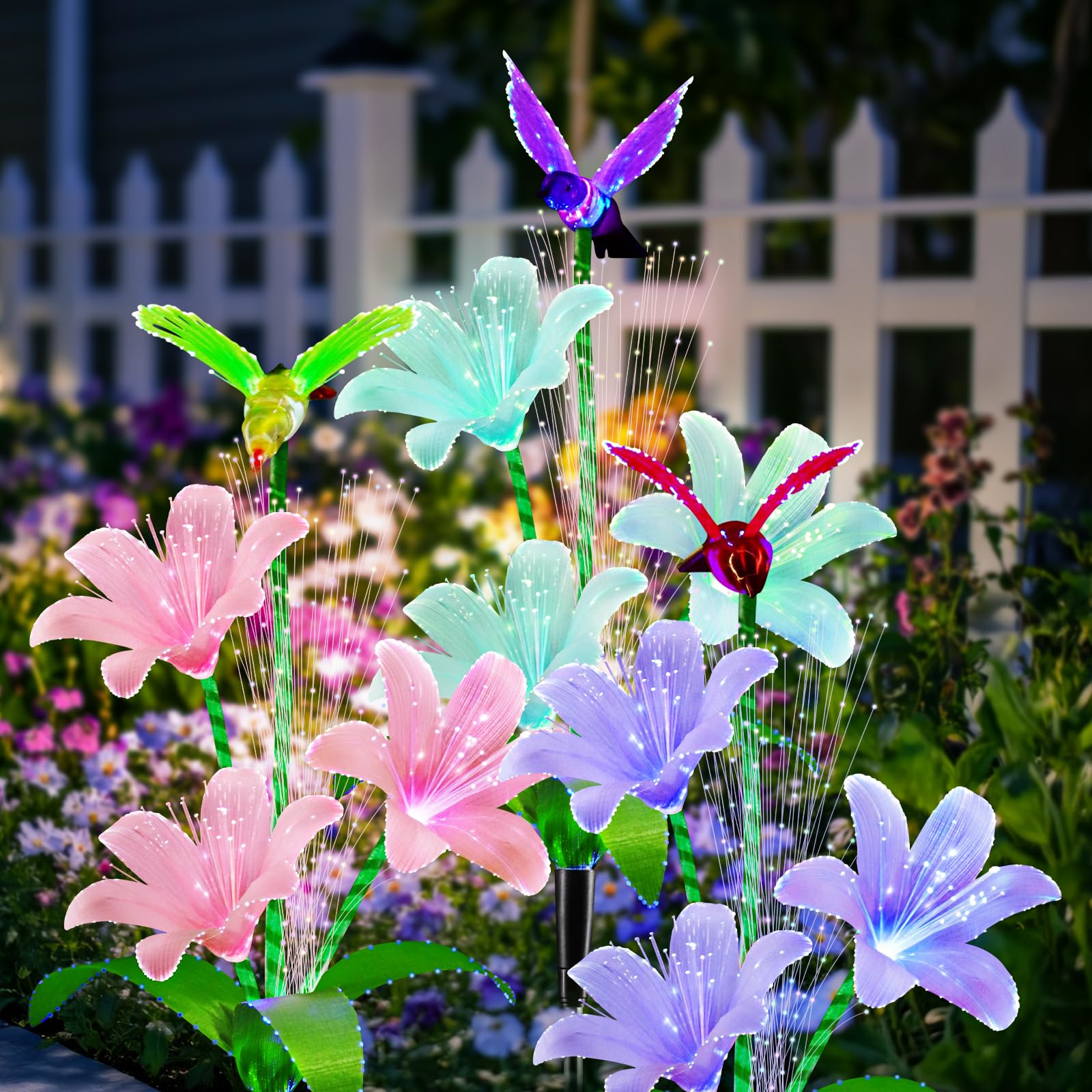 Solar Lights Outdoor Decorative Upgraded 3 Pack Flowers with 7 Color Changing Lilies and 3 Hummingbird Brighter Waterproof