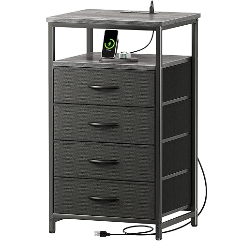 Huuger Night Stand with Charging Station, 4 Drawer Dresser for