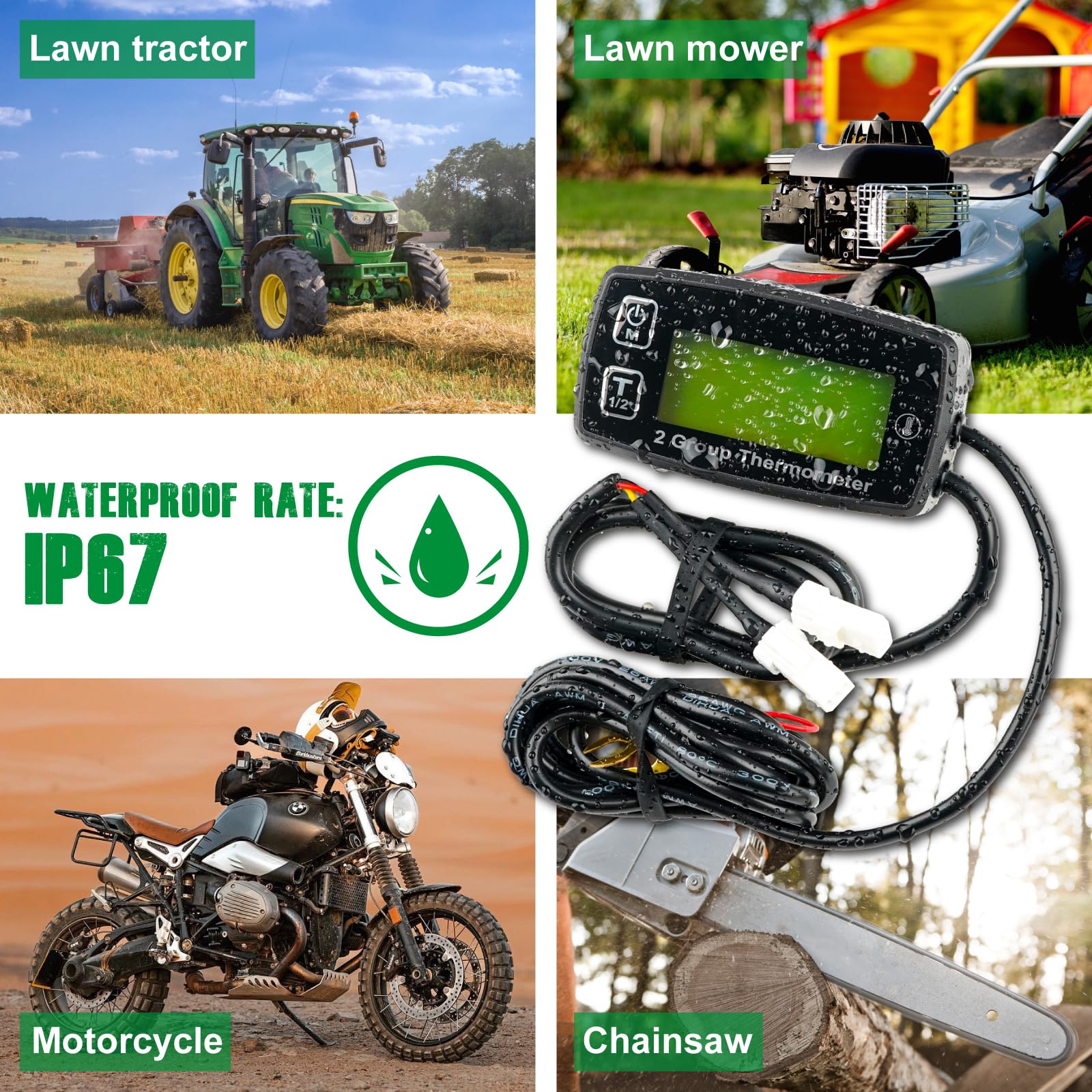 YOOREAL Digitale LCD Motore Temp Gauge, Doppia Registrazione Della Temperatura, Retroilluminazione Verde, Batteria e Alimentatore Esterno per Tosaerba Generatore Trattore Moto Dirtbike