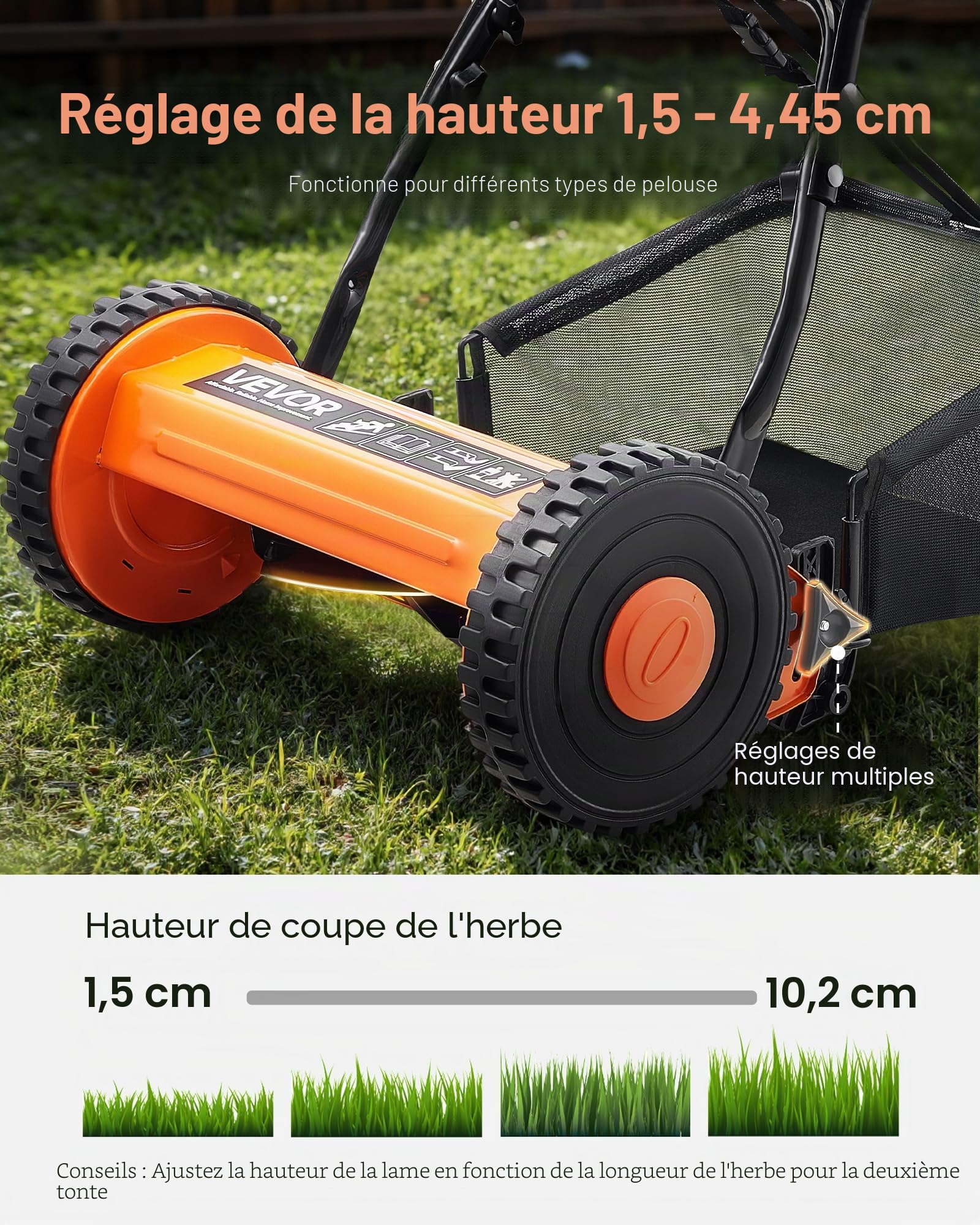 VEVOR Tondeuse à Gazon Manuelle 350 mm 5 Lames Acier Hauteur de Coupe Réglable 15-45 mm Bac de Ramassage