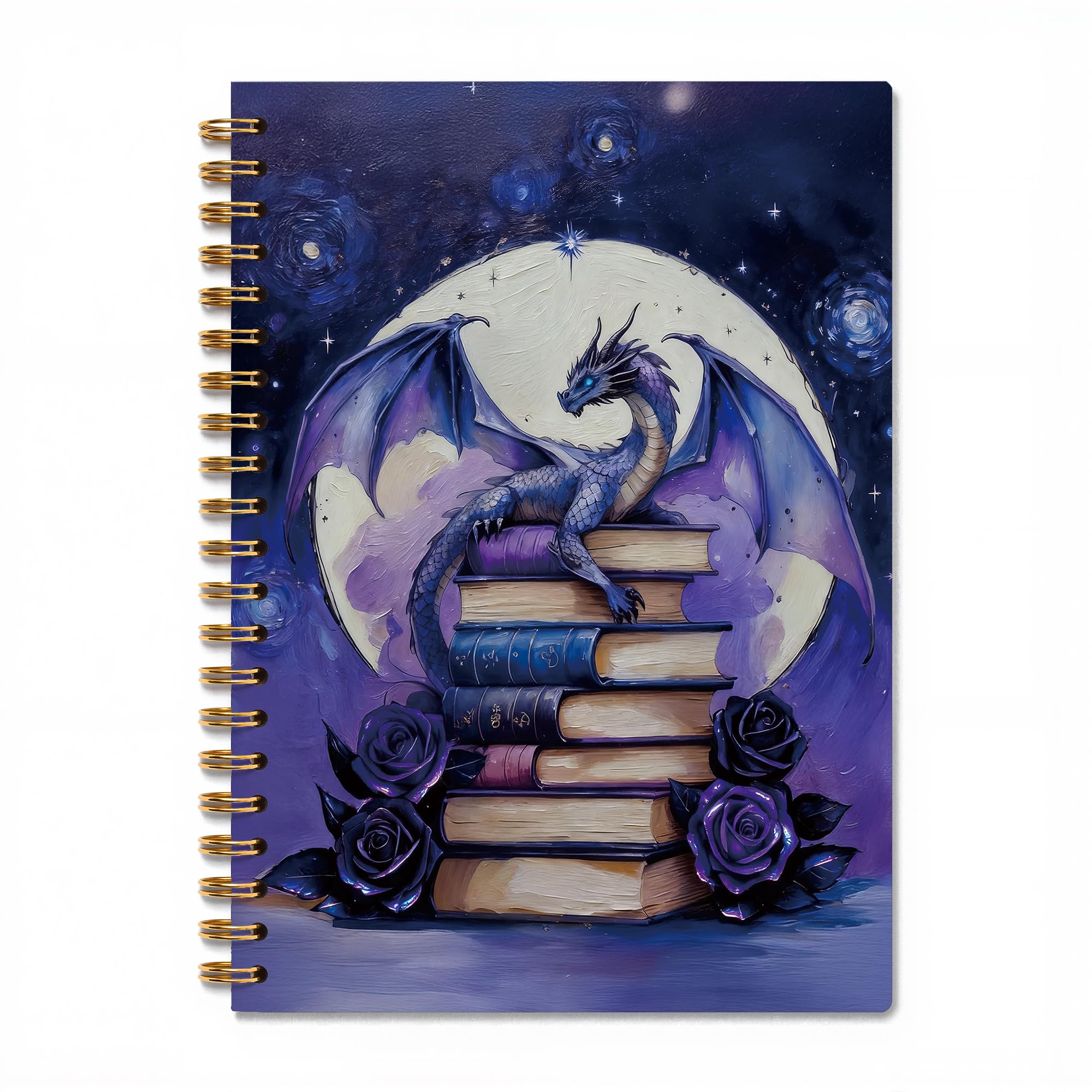 Purple Floral Dragon Books Notizbuch, Lese-Tagebücher für Buchliebhaber, Bücherwurm-Leser, Geschenke, magisches Fantasie-Buchbuch, Spiralbuch, 14 x 21 cm