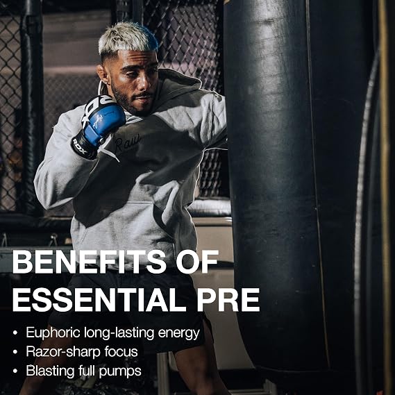 RAW Essential Pre-Workout Powder (Fruit Burst) - Chris Bumstead Sports Nutrition Supplement for Men & Women - Preworkout Energy Powder with Caffeine, L-Citrulline, L-Tyrosine, Beta Alanine Blend