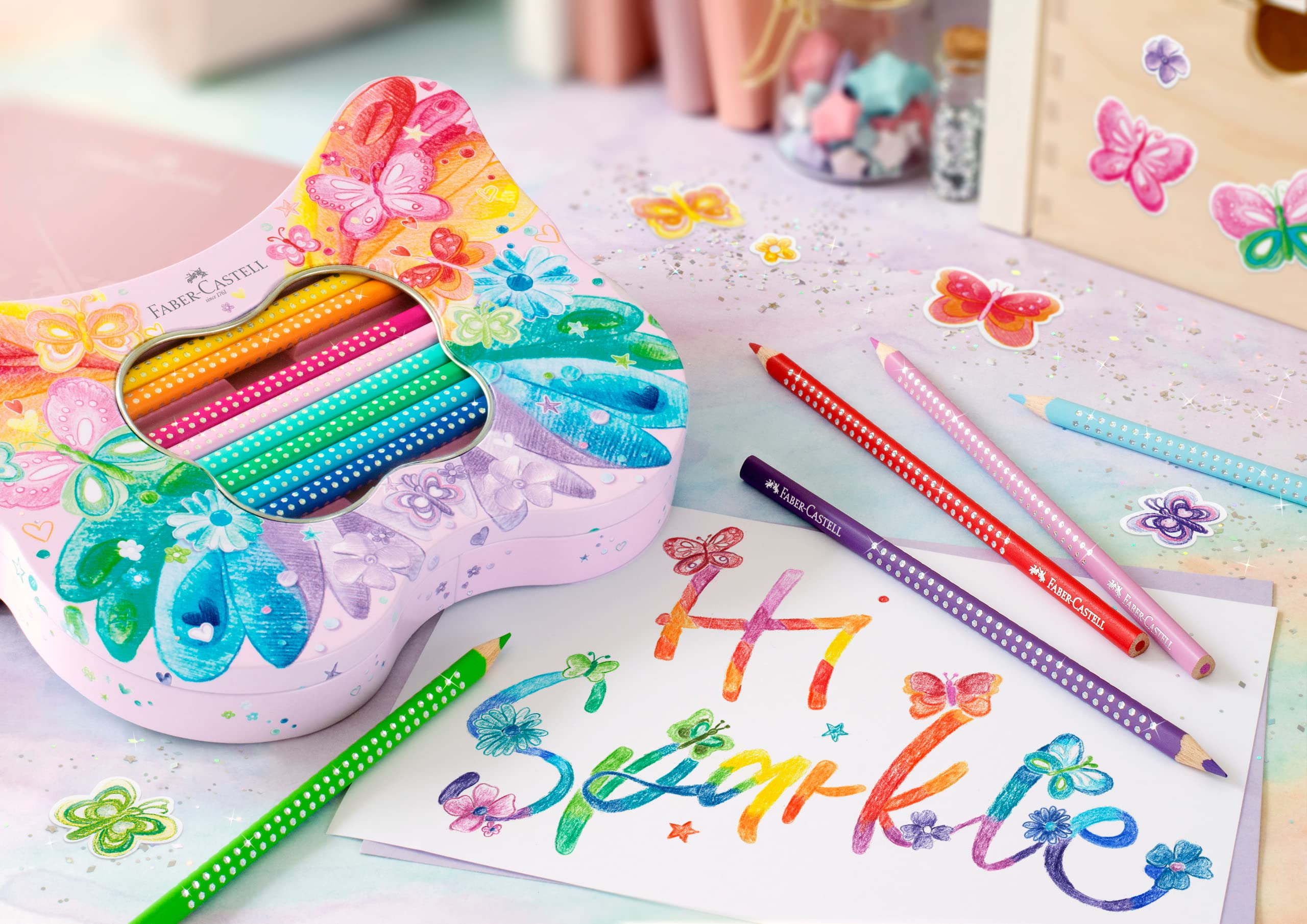 FABER-CASTELL - zestaw upominkowy Motyl Sparkle, 20 kredek | Zestaw kredek z 20 kredkami i naklejkami z motylkami