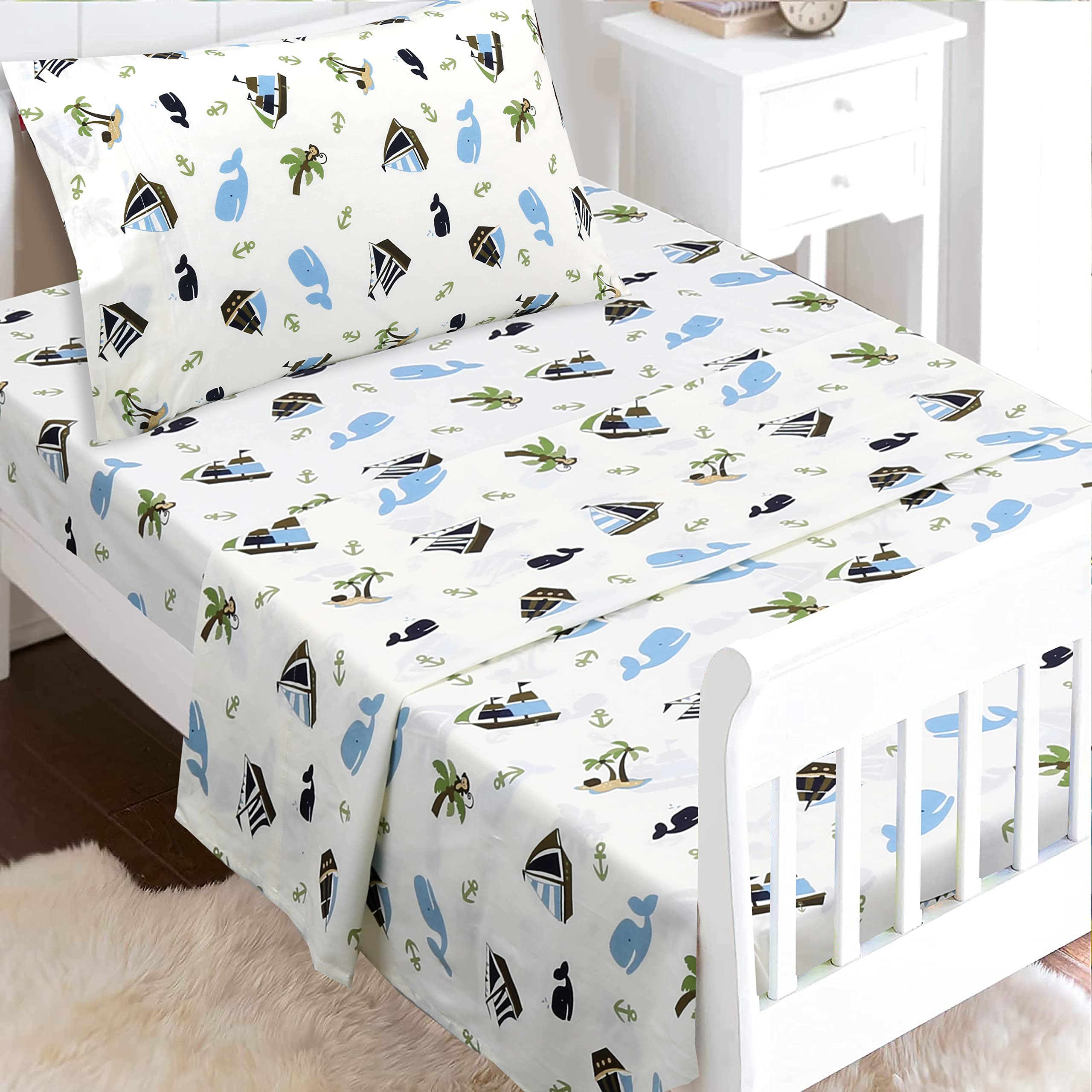 Cozy Line Home Fashions 100 Cotton 3 Piece Toddler Sheet Set, Soft Breathable Crib Bedding Set for Boys Includes a Flat Sheet, a Fitted Sheet, a Pillowcase, Ocean Blue Whale Ships Sail Monkey Island