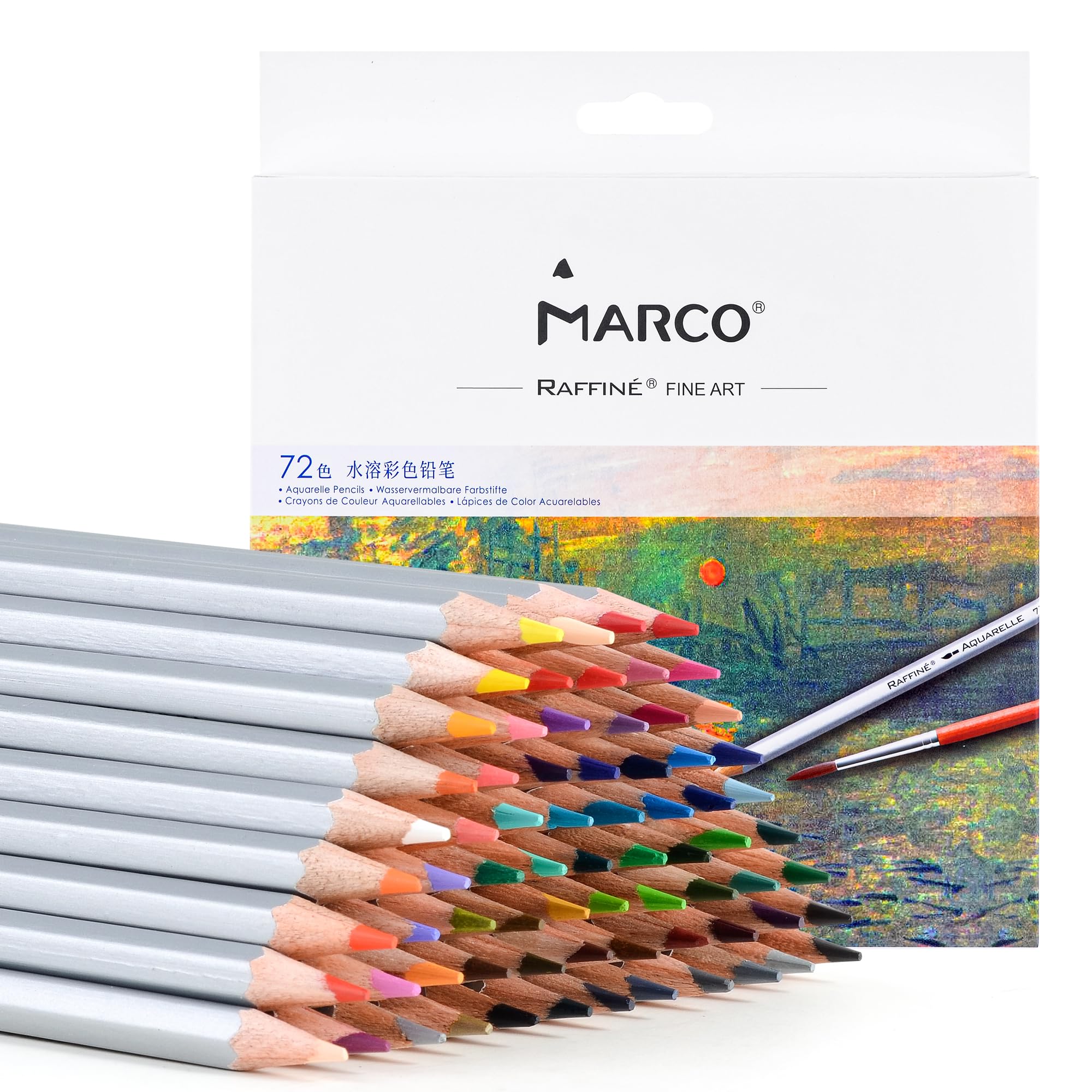 MARCO 7120 Wasserlösliche Buntstifte - mit 72 lebendigen Farben, dicken Gipsminen, sechskantigen Holzstiften, in einer Pappschachtel verpackt, ideal für Künstler, Anfänger und Malereiinteressierte