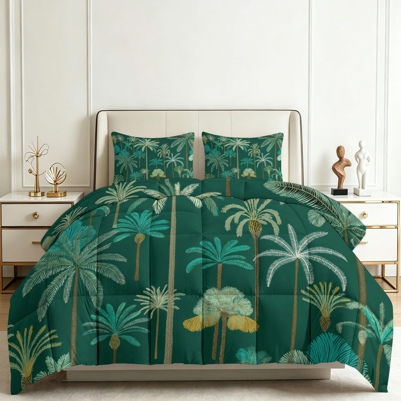 Tutte le stagioni - Piumino 160 x 200 cm, elegante, con piante di palma, semplicità, trapuntato, lussuoso e morbido, in piumino e piume, traspirante, lavabile in lavatrice, ipoallergenico, buon sonno