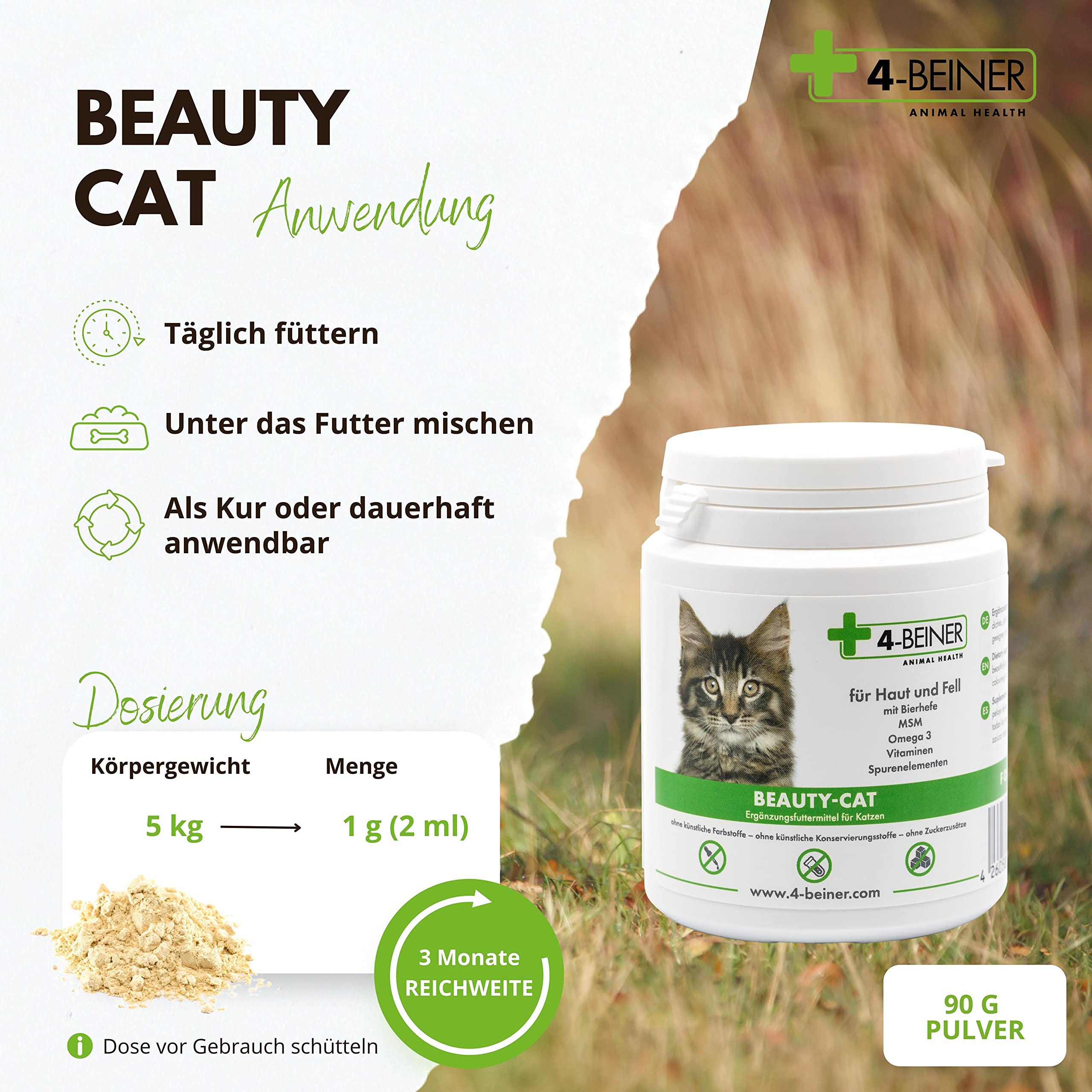 4-BEINER Beauty-Cat Vitamine für Katzen & Mineralien, Katzen Vitamine | Für glänzendes Fell, Vitalität & Wohlbefinden mit Omega-3, MSM, Vitamin C und B-Komplex, Fellpflege Katze aus Deutschland