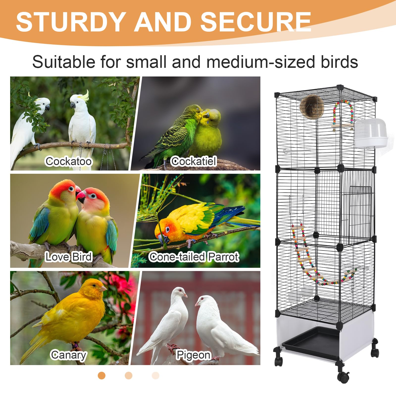 MSFE Jaula de Aves Grande, 130x37x37cm Jaula para Loros con ruedas, Jaula para Pájaros Voladera Interior con columpio, percha, para periquito, calopsitte, conure, pinzón, canario