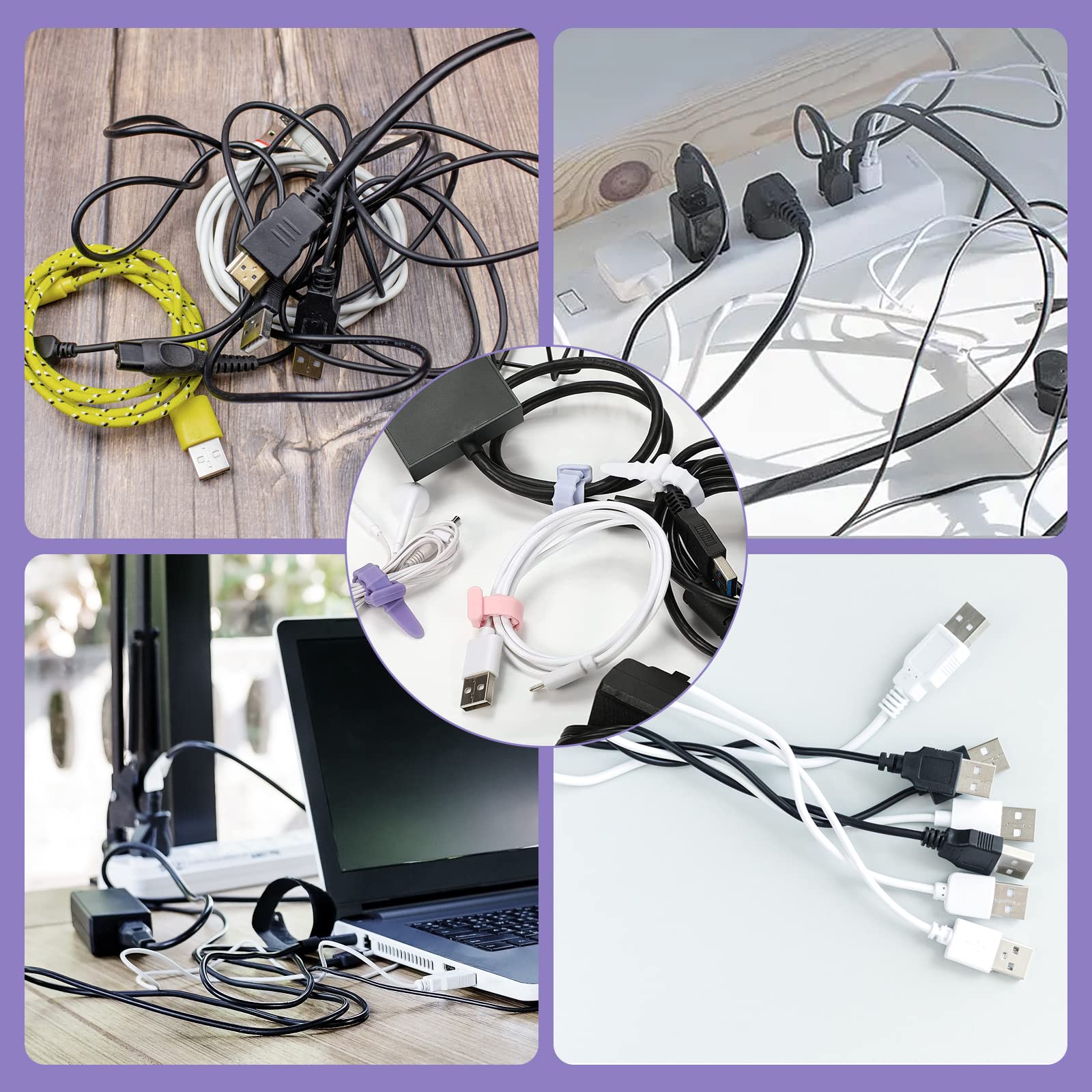 50 fascette in silicone riutilizzabili, fascette stringicavo in gomma per cavi, organizer per casa, ufficio, tavolo, scrivania. Fascette da 11,4 cm in bianco, nero, rosa, viola e blu