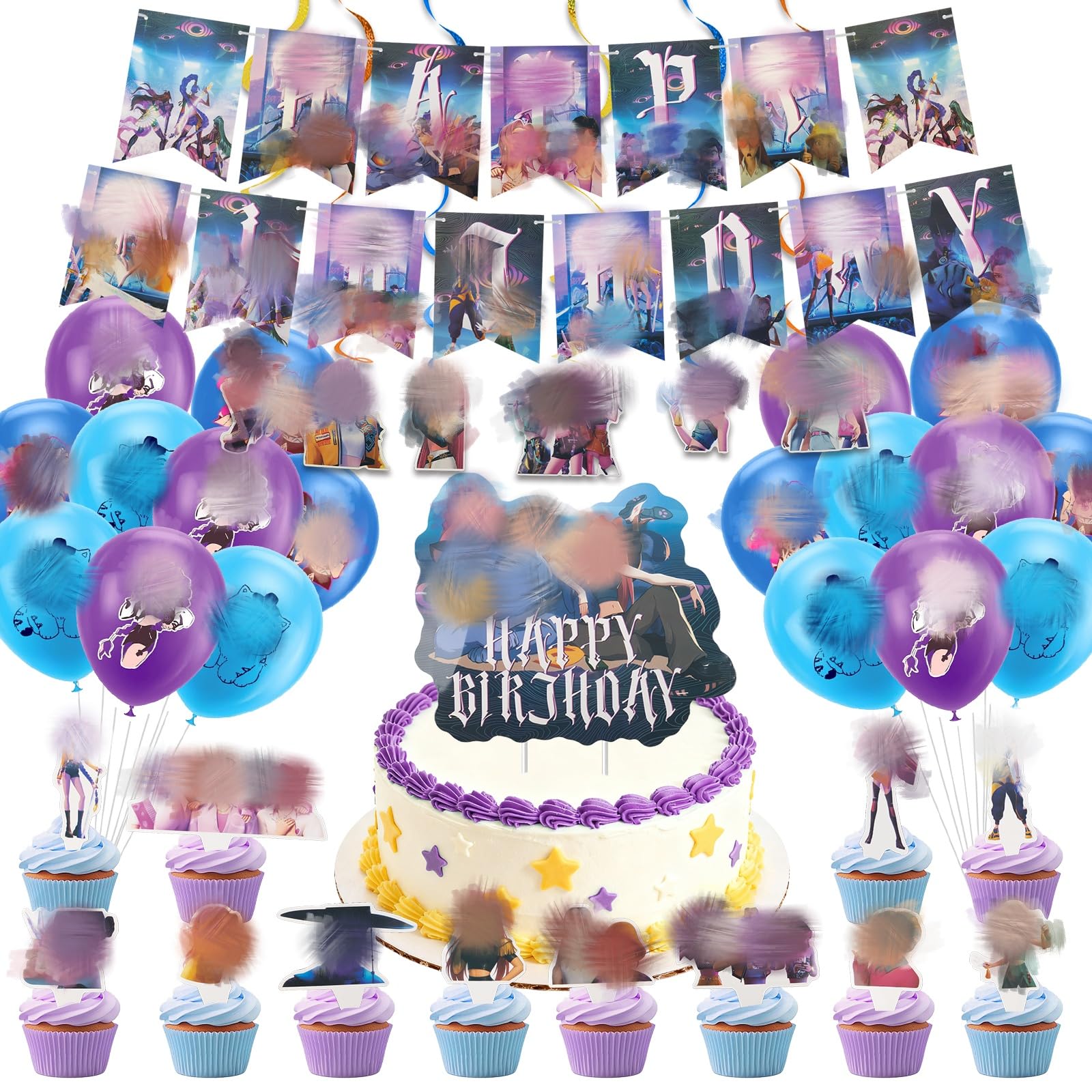 Birthday Party Decorations Supplies- 50pcs Anime Happy Birthday Banner Set includes Balloons Cake Decorations Cake Topper Cupcake Toppers Hanging Swirls, Birthday Decoration for Fan Girls Boys Party