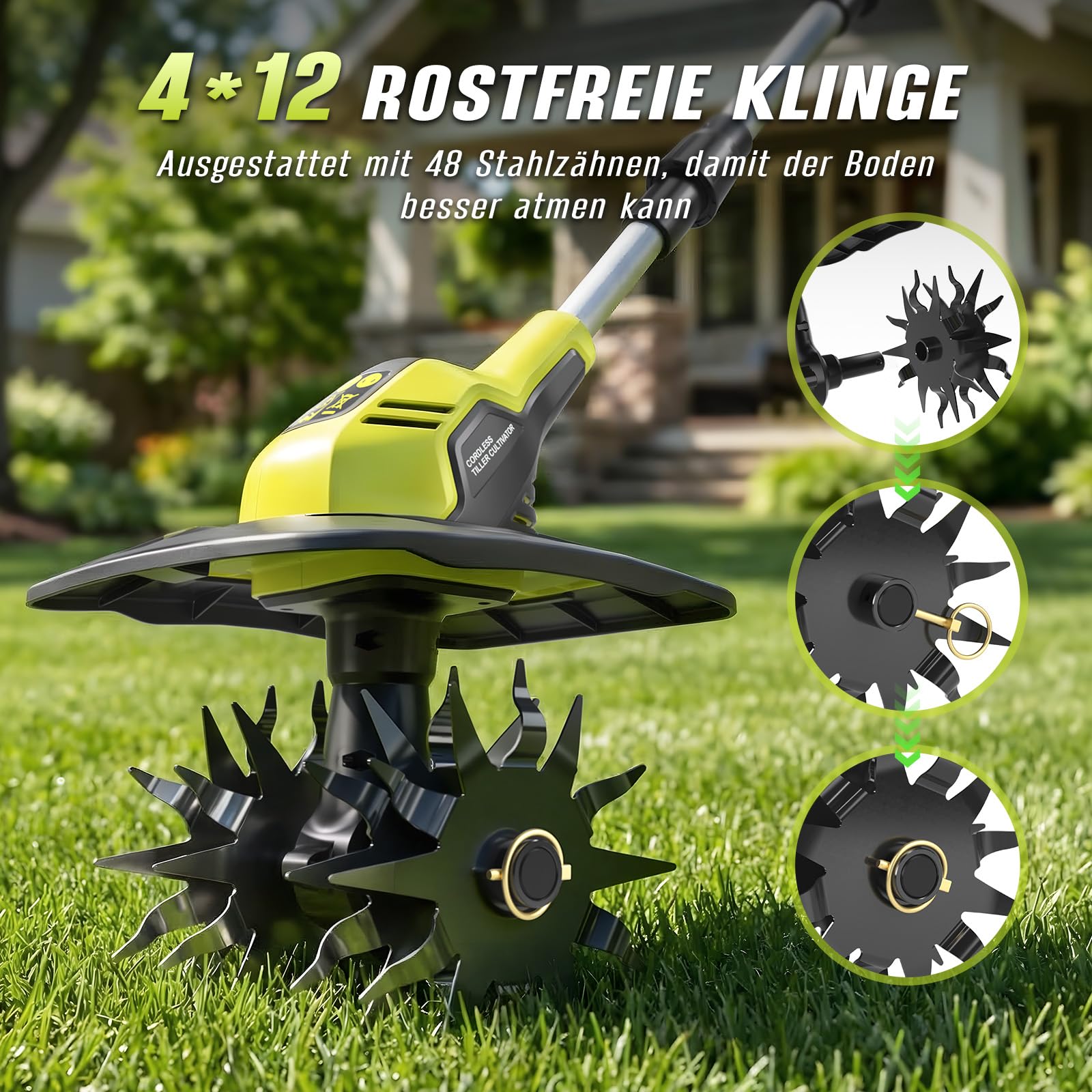 Akku Bodenhacke,Akku Gartenfräse,mit 2 x 4,0 Ah Akkus und Ladegerät,21V Elektro Motorhacke,18 cm Arbeitstiefe, 23cm Arbeitsbreite,48 Hackmesser für Beet, Acker & Landwirtschaft