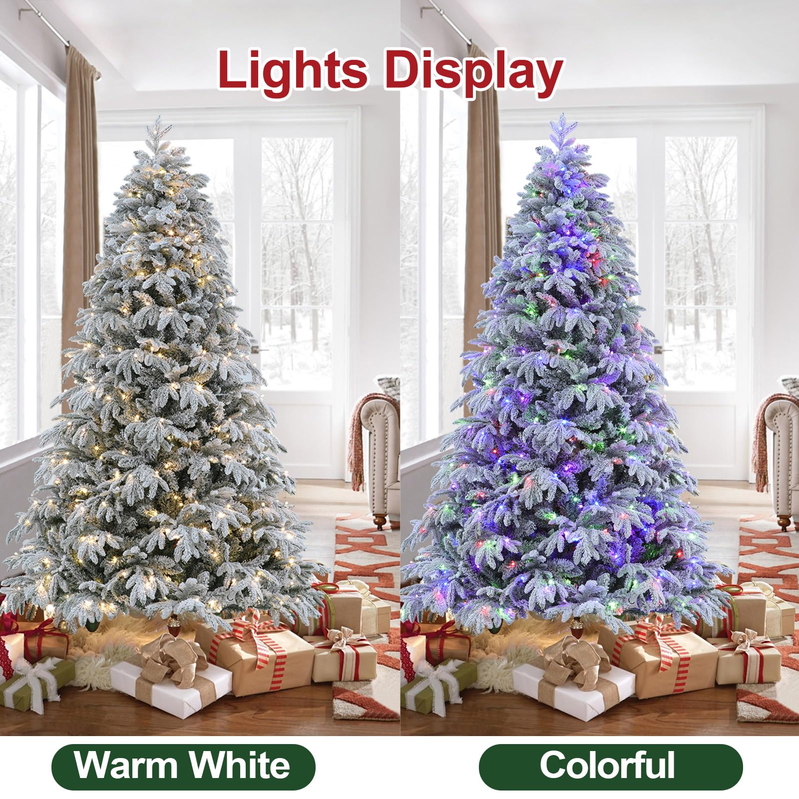 ELONG HOME Flocked Christmas Tree, 7.5ft Artificial Tree Prelit,1700 Tips Realistic Christmas Tree with Sturdy Metal Stand